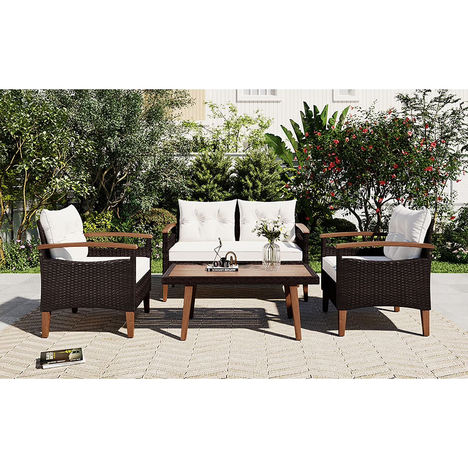 Topcobe Patio Seating Set with Cushions, 4-Piece Garden Furniture, Beige(Beige)