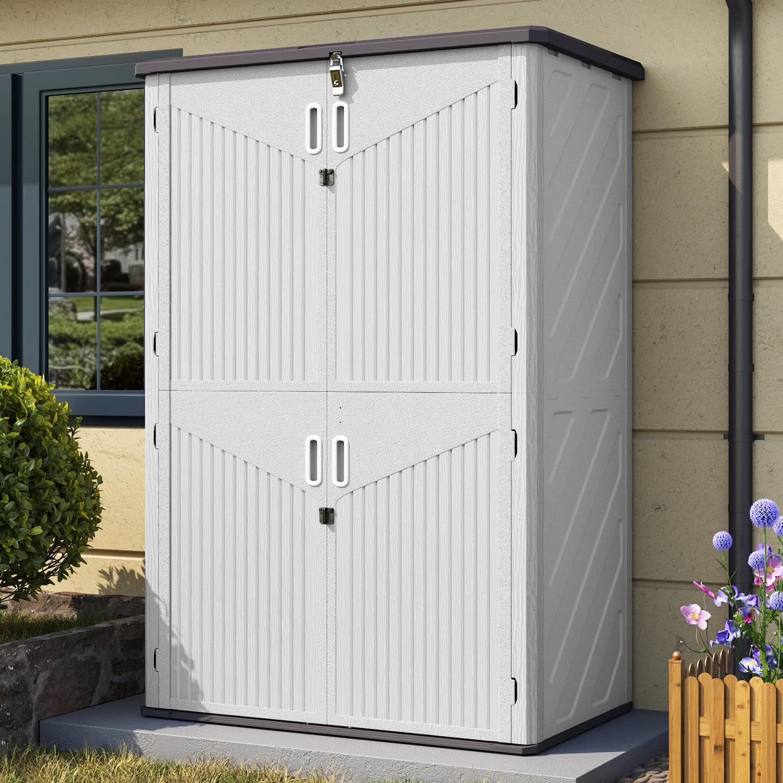 Aoxun Outdoor Storage Shed, 64 Cu.Ft Vertical Storage Sheds Outdoor with Floor, Outdoor Waterproof Storage Cabinet for Garage Storage, Pool Storage, Bike Shed, Garden Shed, Outdoor Storage(White)(64 Cu.Ft)