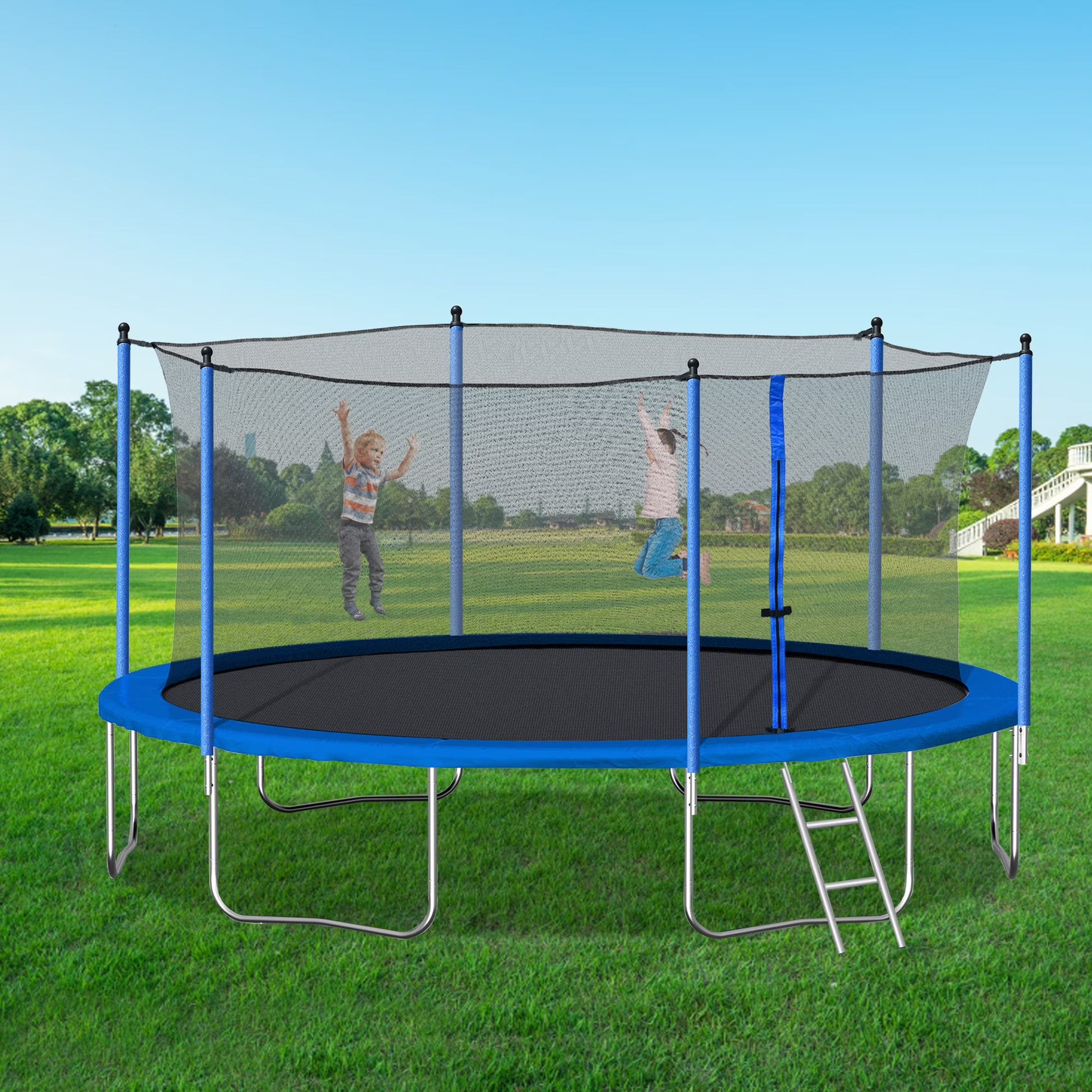 14FT Outdoor Trampoline with Safety Enclosure, Steel Tube Frame, Ladder  Secure Net - Heavy Duty, Blue(Round/14'/Blue)
