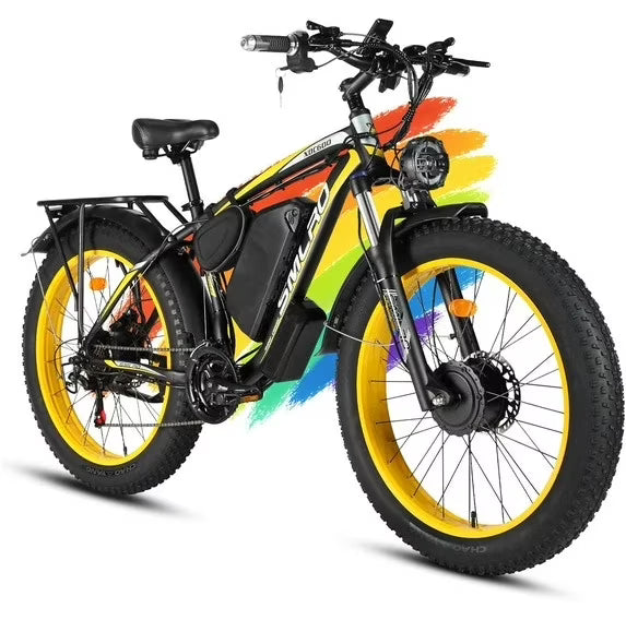 3000W Peak Dual Motor Ebike, 52V 30AH Battery Electric Bike for Adults, 7-Speed 40MPH AWD Ebike Mountain Snow E-Bike with 26" x 4.0 Fat Tire MTB Hydraulic Disc Brake  for Off-Road Snow(Black Yellow)