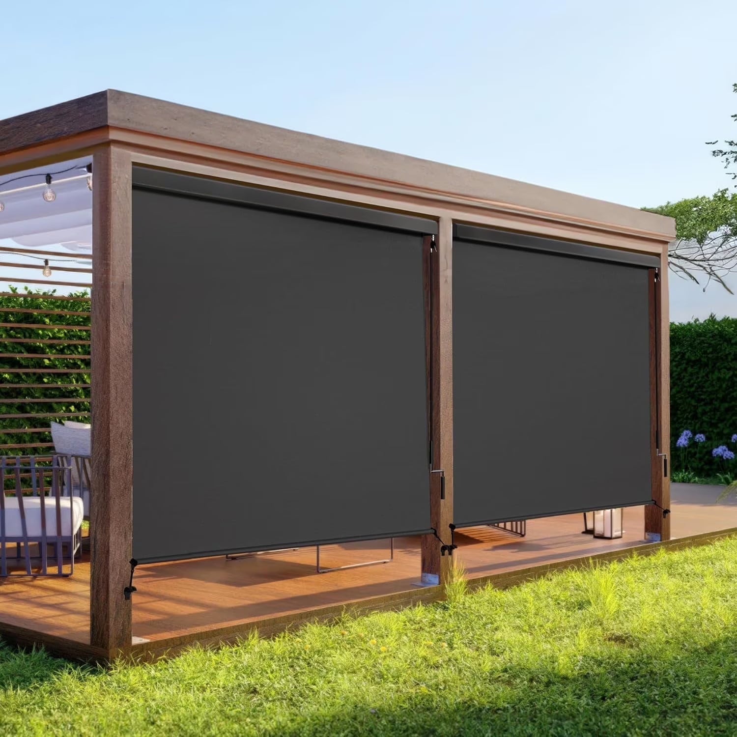 Superjoe Outdoor Roller Shade for Patio, Cordless Blackout Waterproof Blind, UV Block, 4'L x 6'W(4'L x 6''W/Black)
