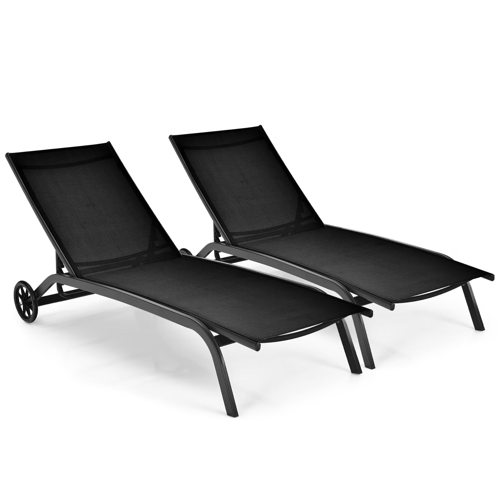 Costway 2PCS Outdoor Adjustable Chaise Lounge Patio 6-Position Recliner Wheels Black(Black)