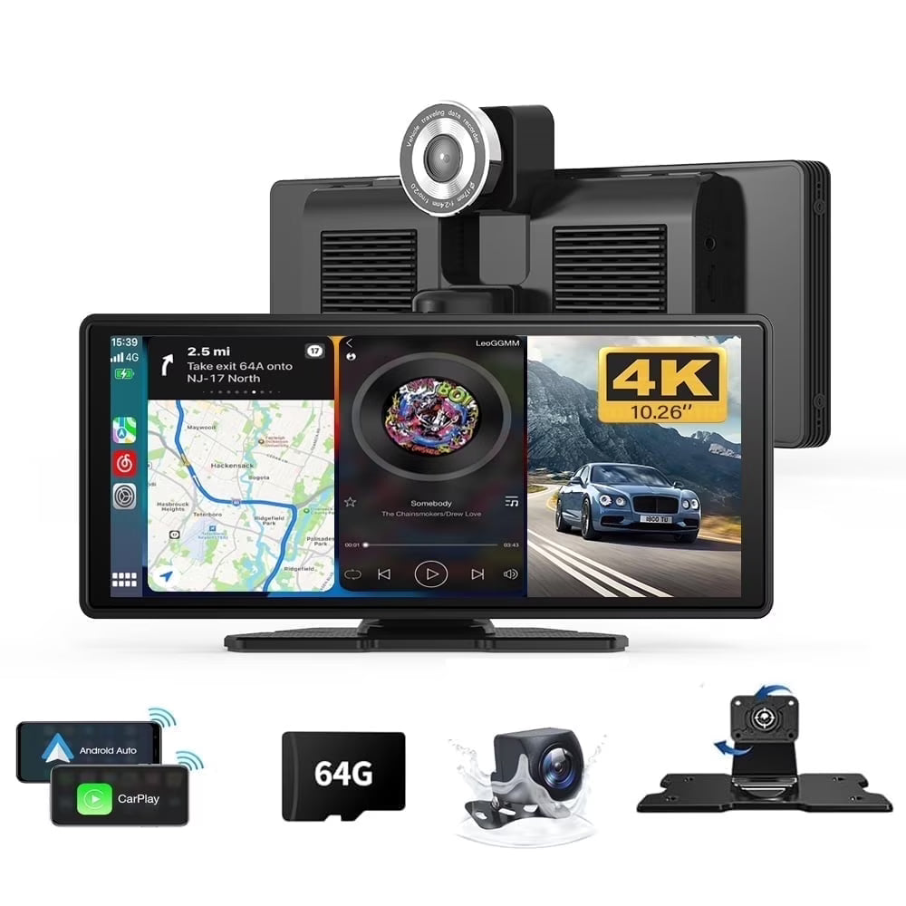 10.26" Wireless Carplay Screen 360 Rotation 4K Dash Cam Carplay  Android Auto Car Stereo Car Audio Receivers with 1080p Backup Camera GPS Navigation/Mirror Link/Voice Control/Siri
