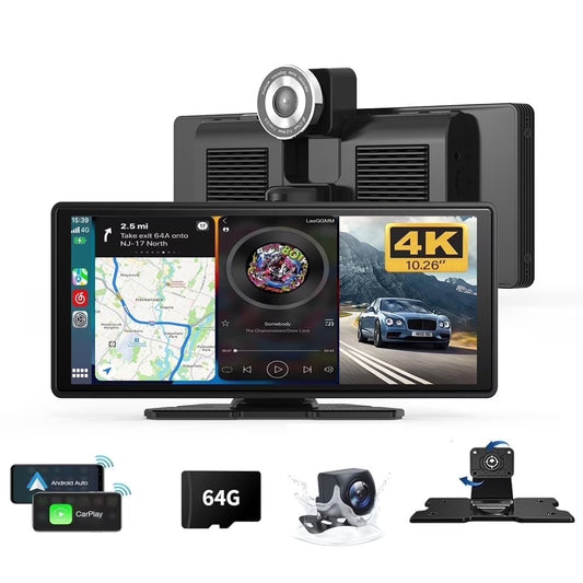 10.26" Wireless Carplay Screen 360 Rotation 4K Dash Cam Carplay  Android Auto Car Stereo Car Audio Receivers with 1080p Backup Camera GPS Navigation/Mirror Link/Voice Control/Siri