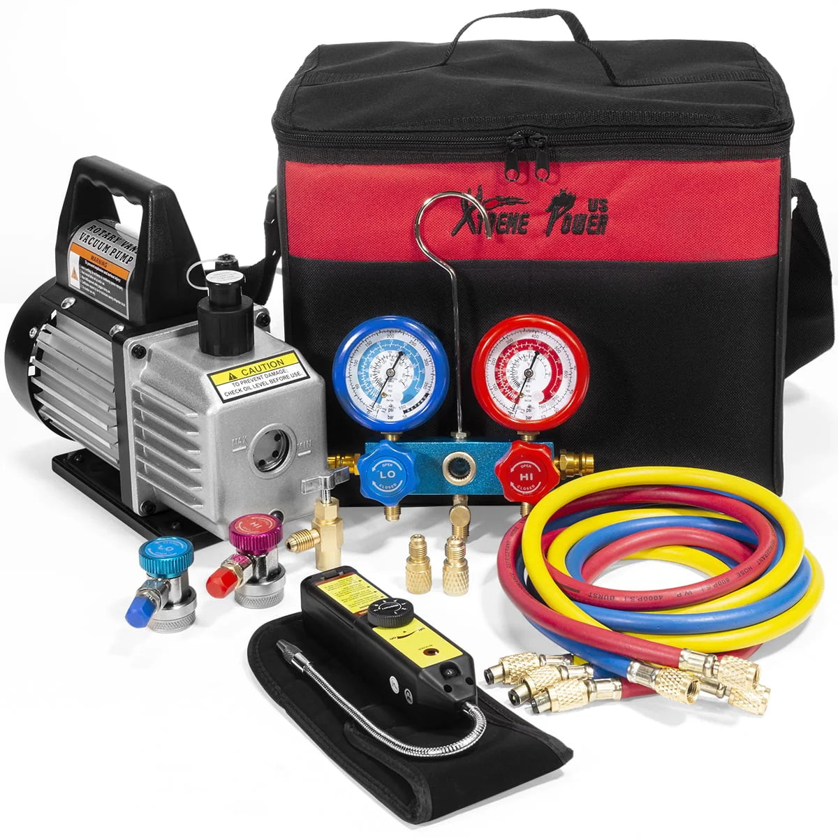 AC Repair Complete Set Vacuum Pump HVAC A/C Refrigeration Manifold Gauge R134 Tap  Leak Detector Carrying Bag