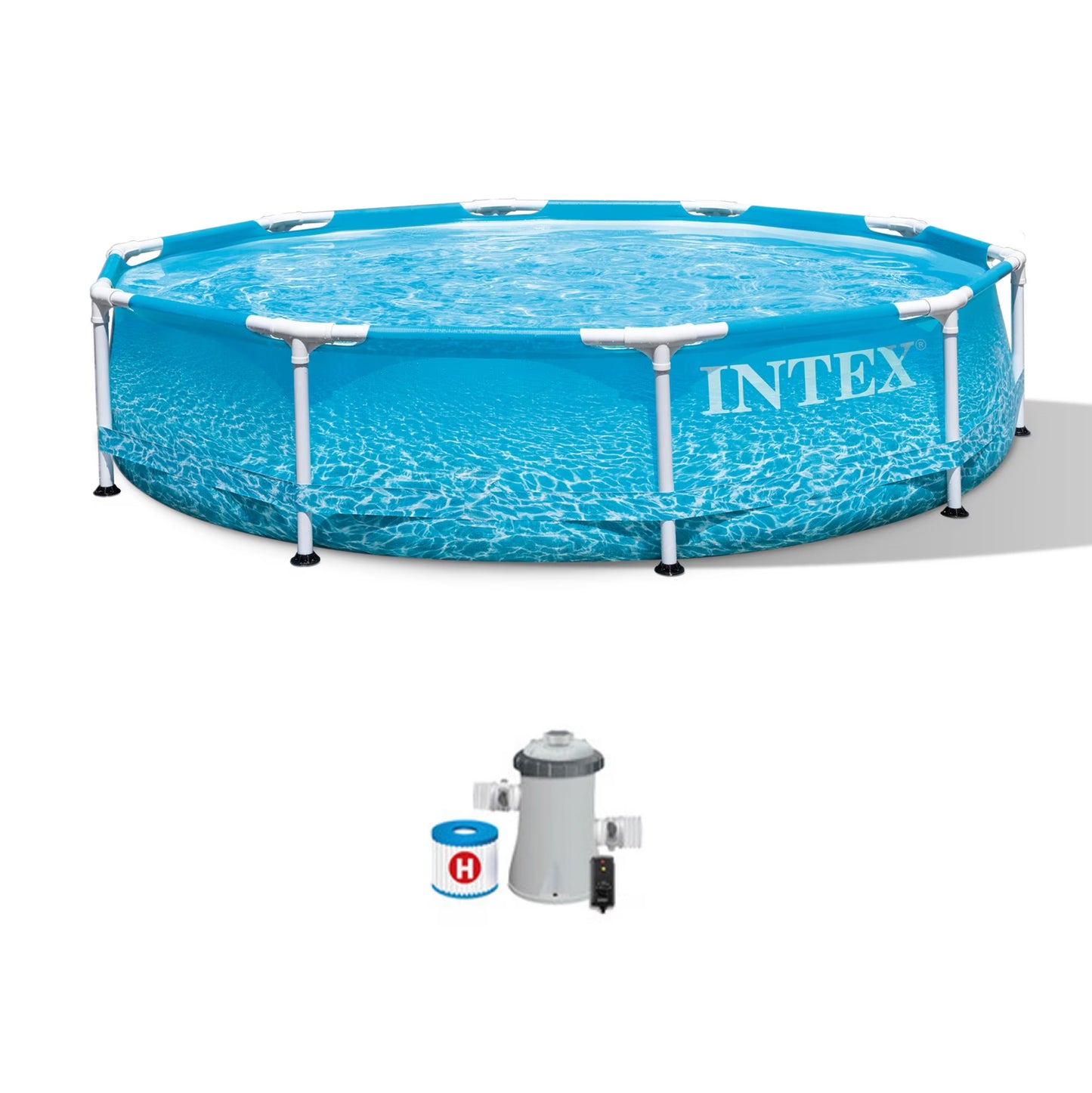 INTEX Round Metal Frame 10ft x 30in Above Ground Swimming Pool Set, Blue(Blue - With Filter Pump)