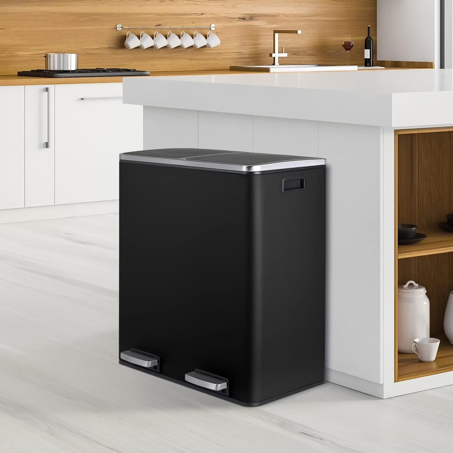 Arlopu 60 L/16 gal Dual Trash Can, Stainless Steel Garbage Can for Kitchen, Recycle Bin with Lid(Black)