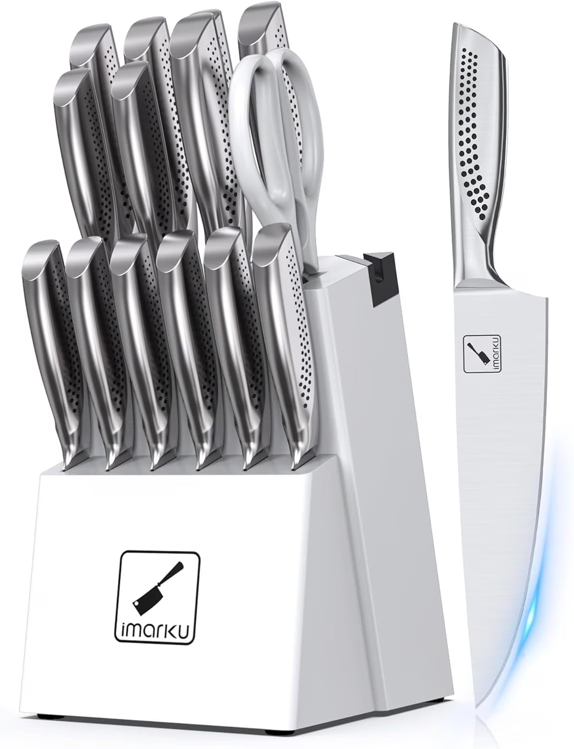 imarku Japanese HC Stainless Steel 15 Piece Kitchen Knife Set, Built in Sharpener, Sharp Knife Set with Point like Ergonomic Handle, Holiday Gift, Home Chef Knife, White(White)