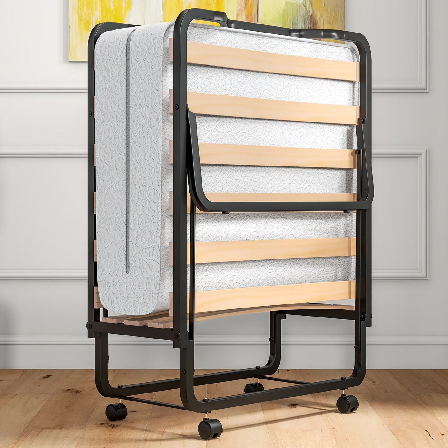Gymax Portable Foldable Guest Bed w/ Solid Wood Slats  Metal Frame Rollaway Bed for Adults w/ Wheel