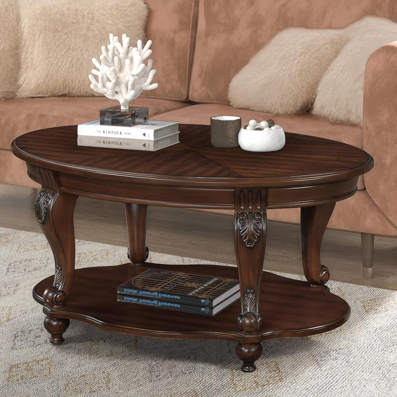 42" Oval Coffee Table with Storage Shelf, 2-Tier Solid Wood Cocktail Tea Table, Traditional Retro Center Table for Living Room, Bearing 400LBS, Cherry(Cherry)