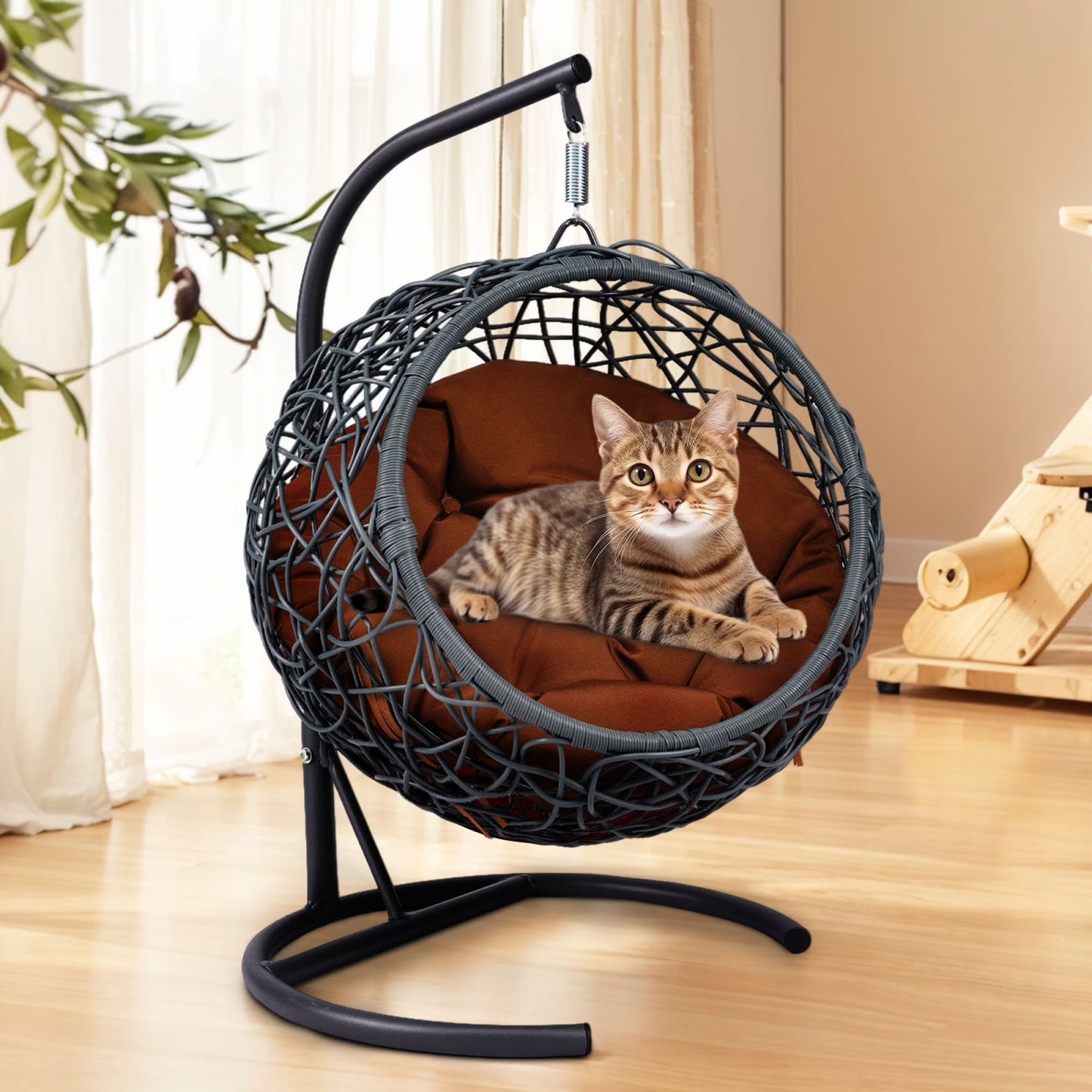 Cat Swing Bed with Stand  Cushion, Cat Egg Chair with Rattan Wicker Appearance, Indoor Hanging Swinging Cat Bed(Brown)