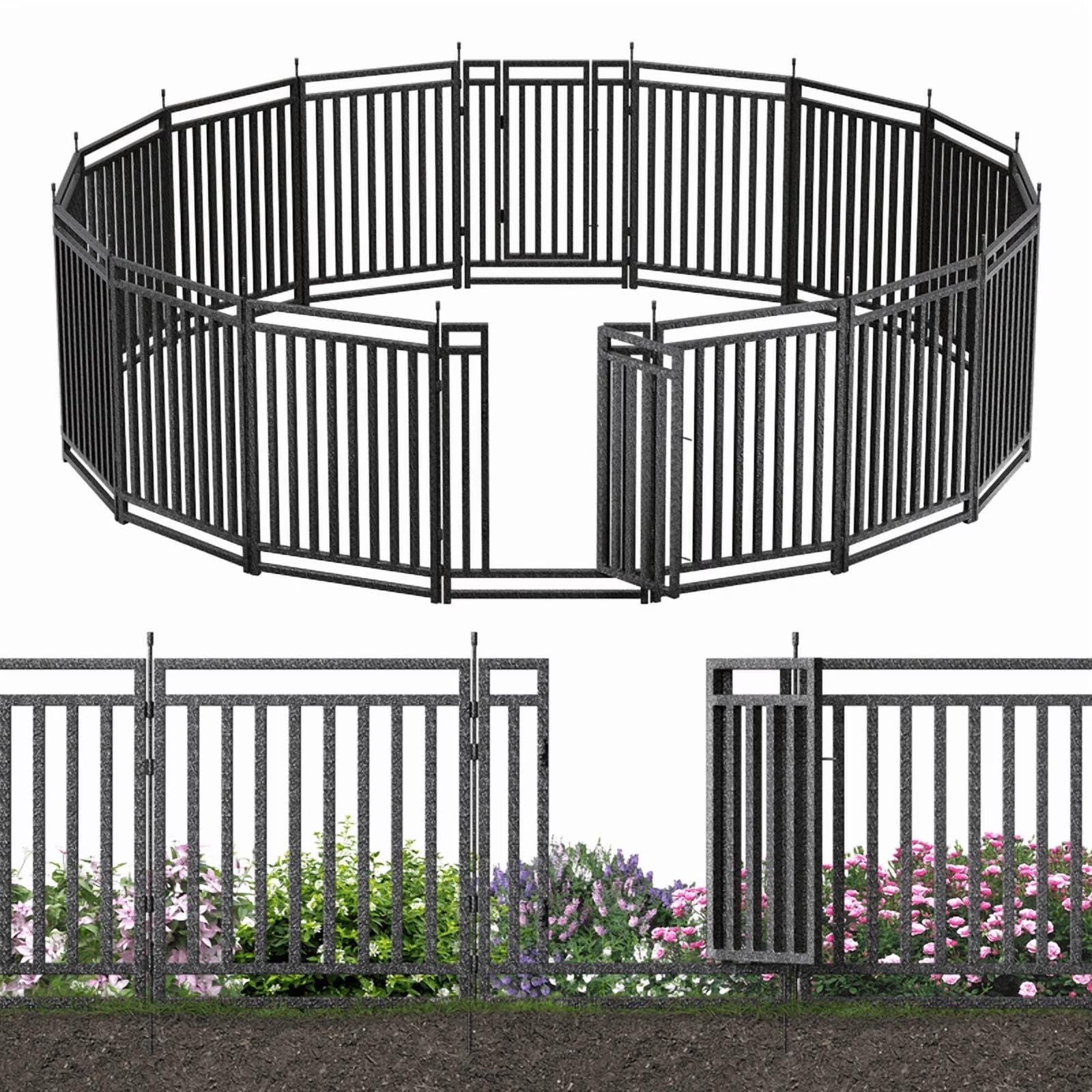 Petorldog Decorative Garden Fence, 36ft x 40in, 14 Panels + 2 Gates, No Dig Metal Dog Fence for Yard | Black-Silver