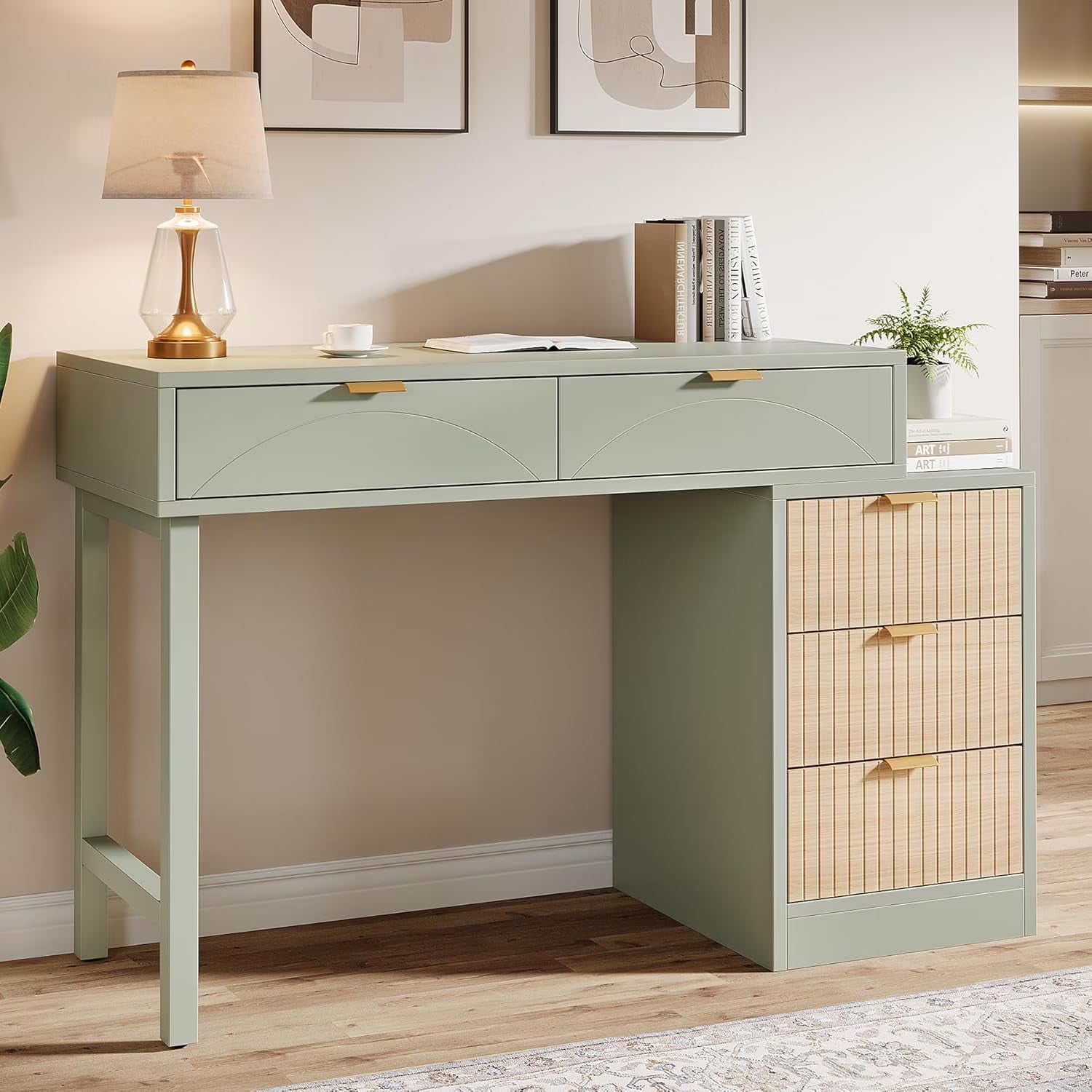 Tribesigns 39" Reversible Computer Desk with 5 Drawers, Wood Writing Desk for Home Office, Green
