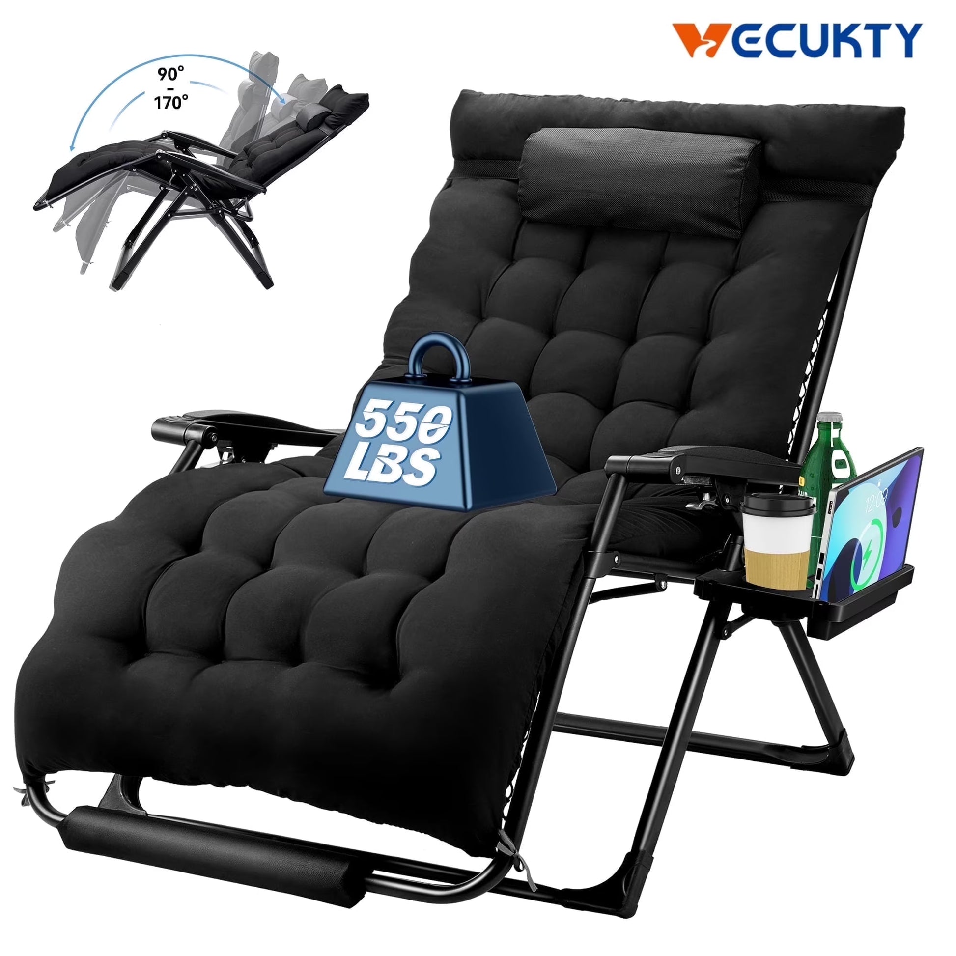 VECUKTY XXL Oversize Zero Gravity Chair - 500lb Capacity, 33-Inch Wide Padded Seat, Folding Travel Recliner for Outdoor / Indoor Use - Patio, Lawn, Black, Portable and Heavy Duty(1/Black)