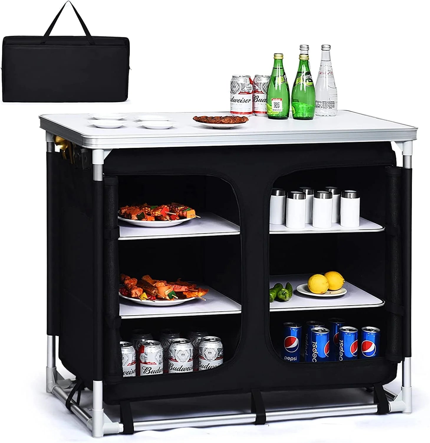 Cook Table Kitchen Station with Storage Organizer and Carrying Bag, for BBQ Party, Picnics, Backyards, Tailgating, Portable, Black