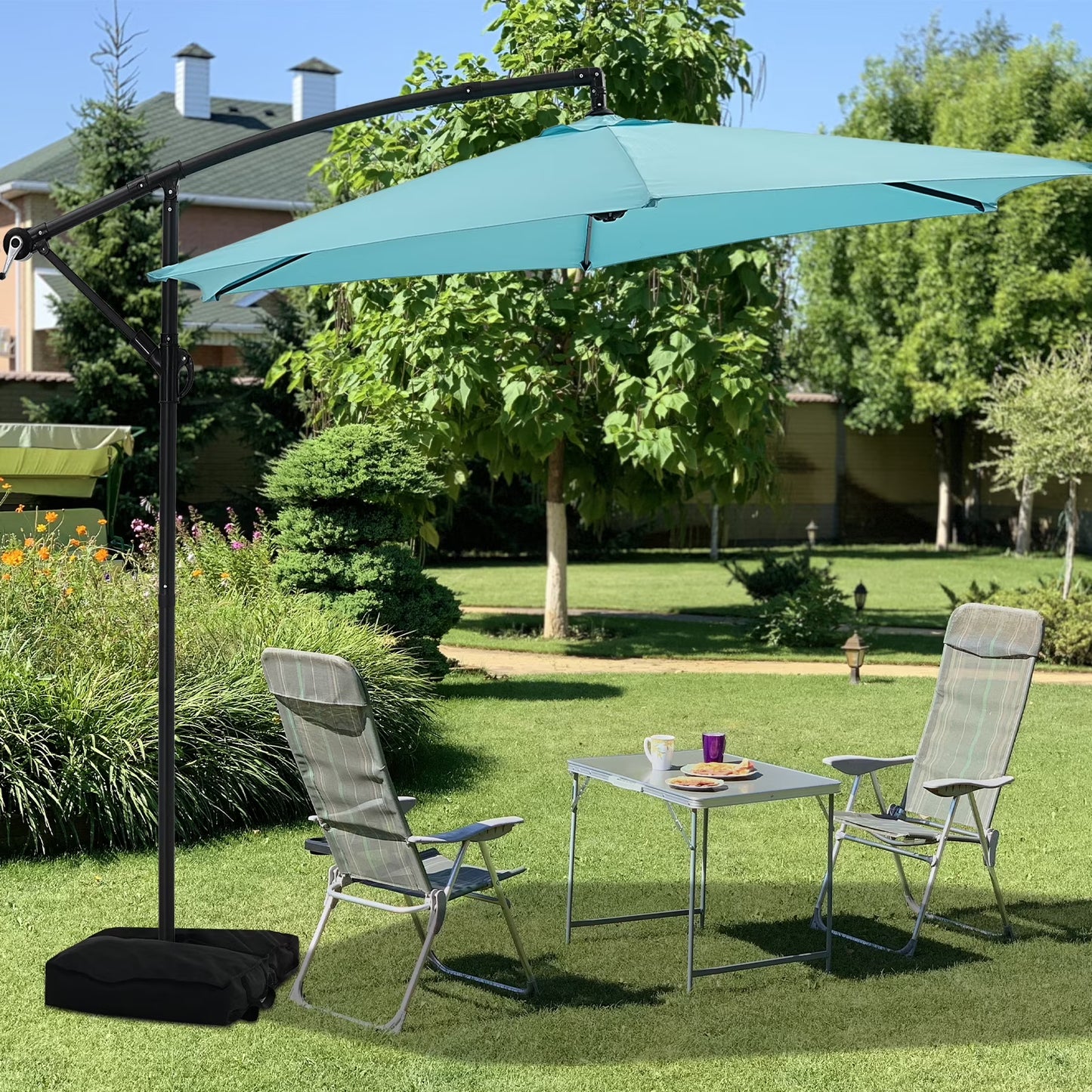 Autlaycil 10 ft Cantilever Offset Outdoor Patio Umbrella with Base Stand Rotate and Tilt, Blue(Blue+sandbags base)