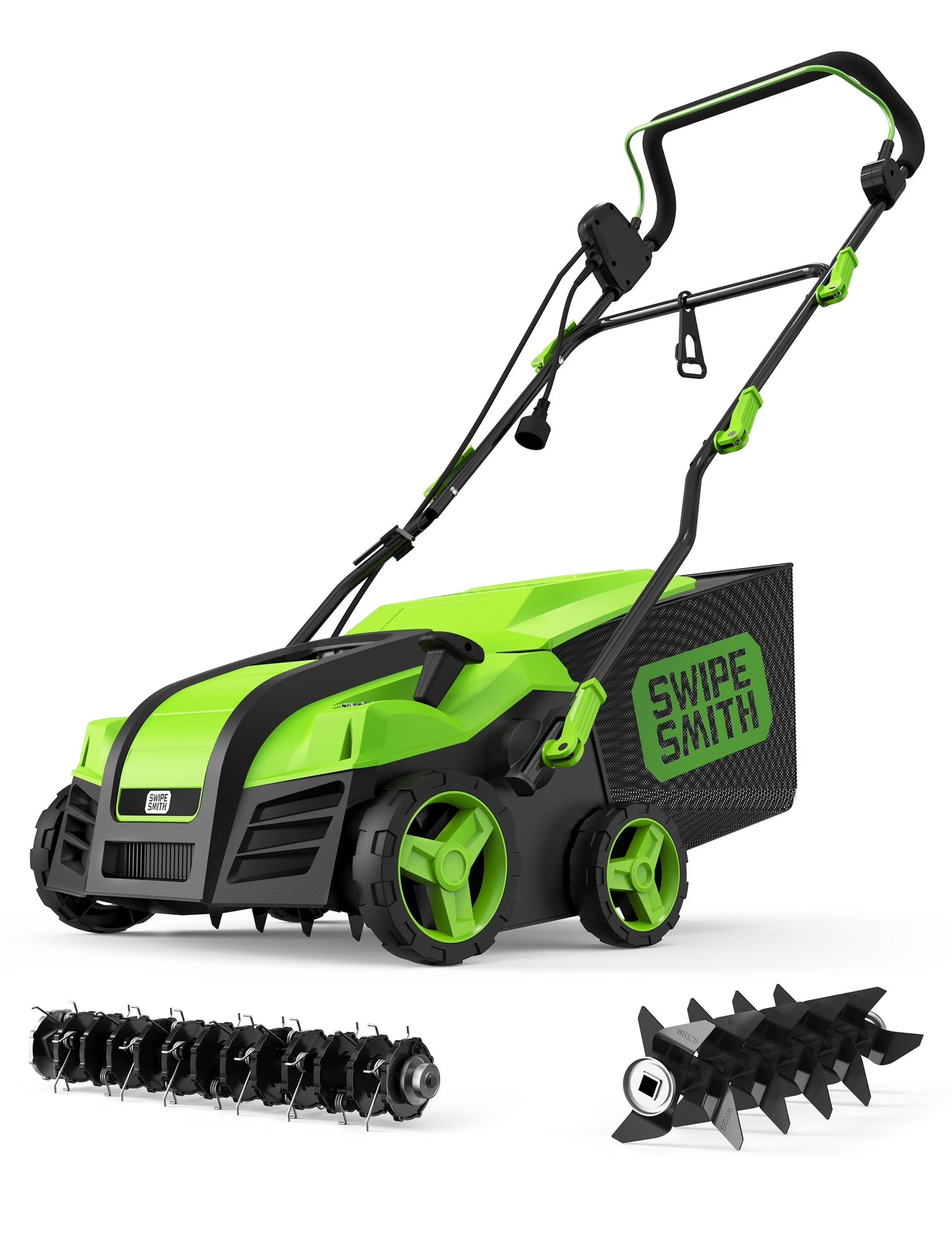 SWIPESMITH 16�� 15 Amp Electric Dethatcher Scarifier, Lawn with 5-Position Depth Adjustment, 14.5 Gal Removable Thatch Collection Bag, Quick-Fold, Keeps Health