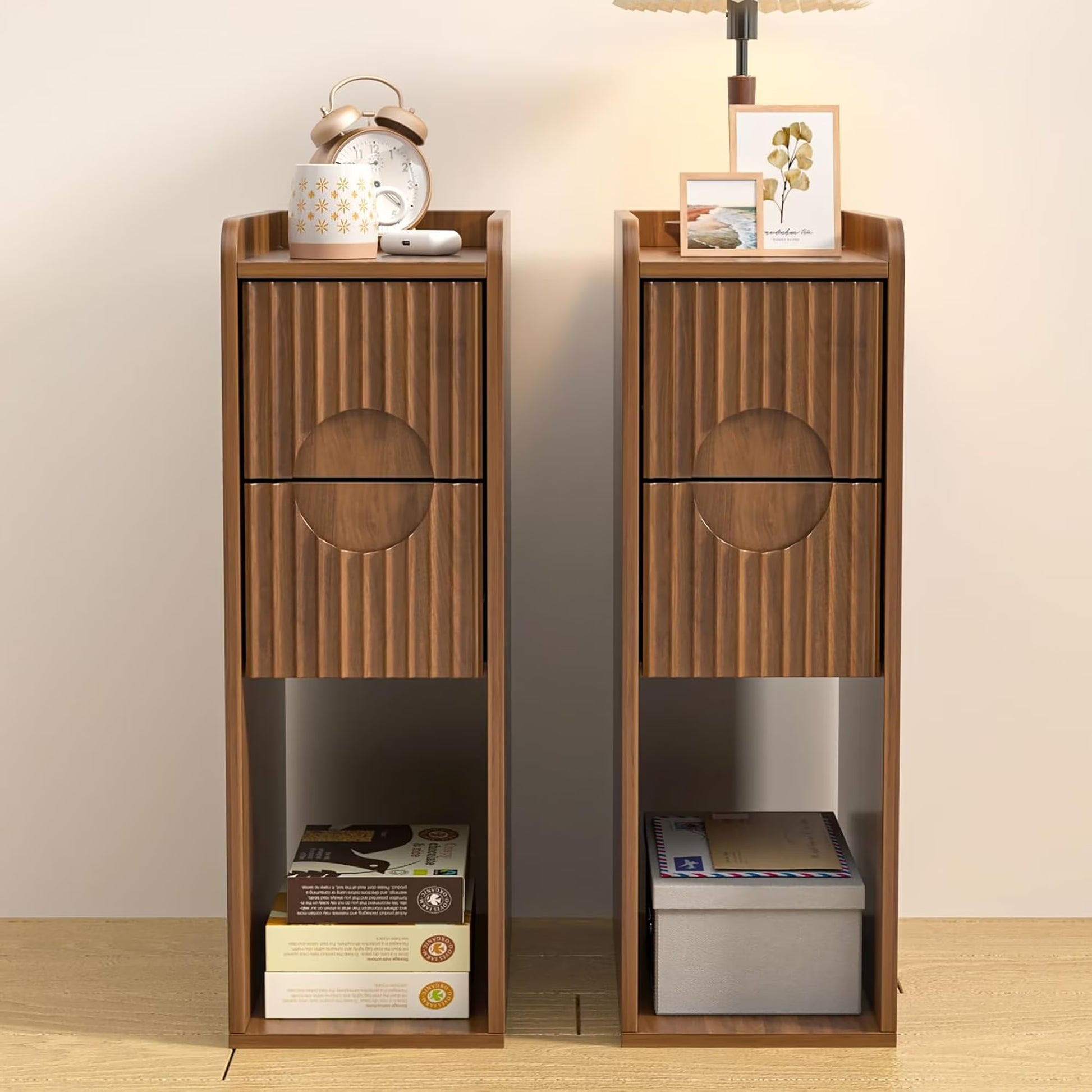 Narrow Nightstand Set of 2 with Drawers, Fluted Slim Side End Table with Storage for Small Spaces(Walnut)