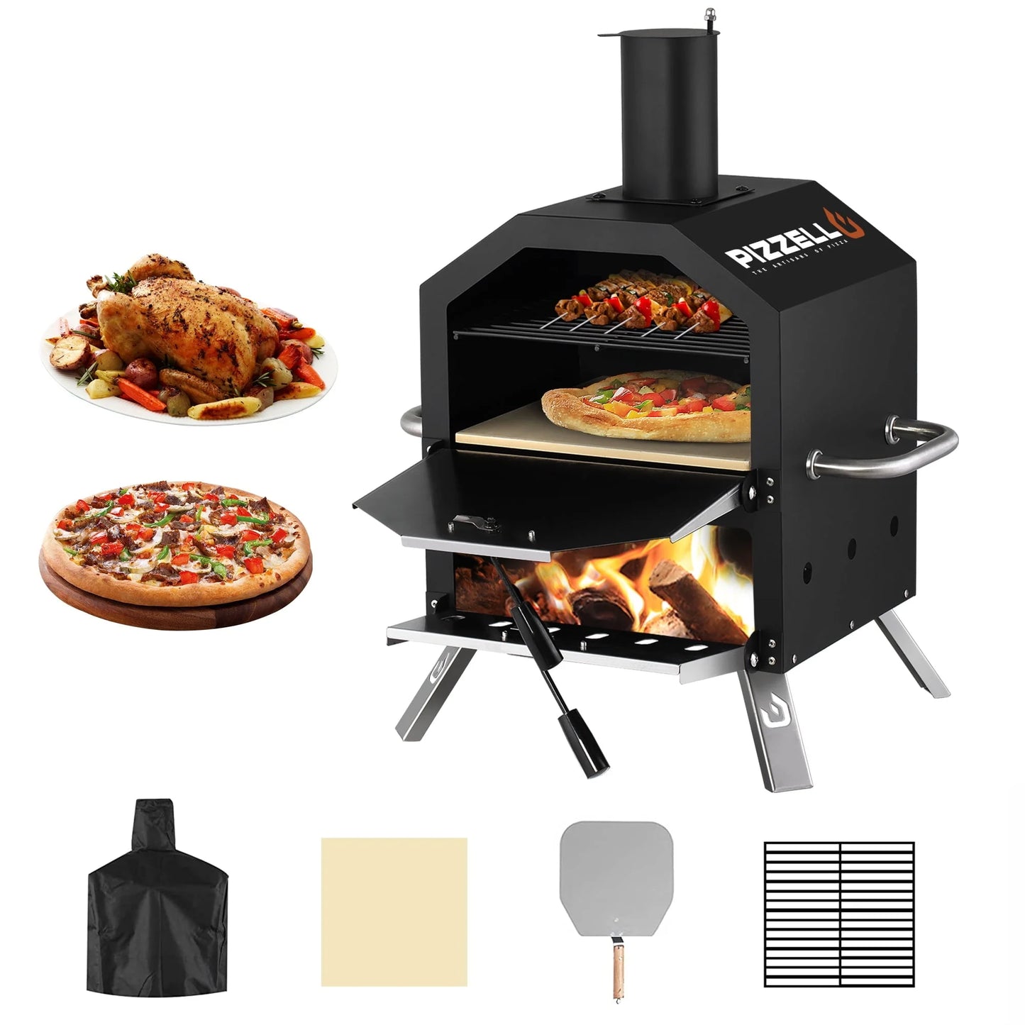Pizzello Outdoor Pizza Oven Wood Burning for Cooking 2 Pizzas Outside Pizza Maker with Pizza Stone, Pizza Peel, Cover - Black + Silver(12")