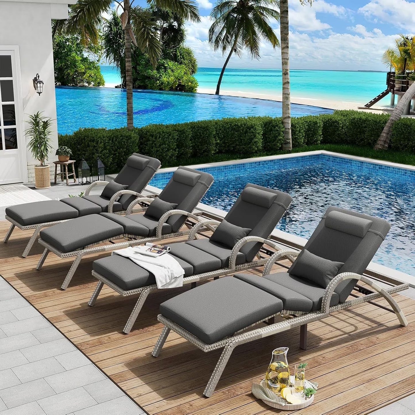 MEISSALIVVE 4-Piece Outdoor Lounge Chairs, Pool Chairs with Adjustable 5 Position Backrest , PE Rattan Chaise for Backyard Porch Deck (Gray)(4/Gray)