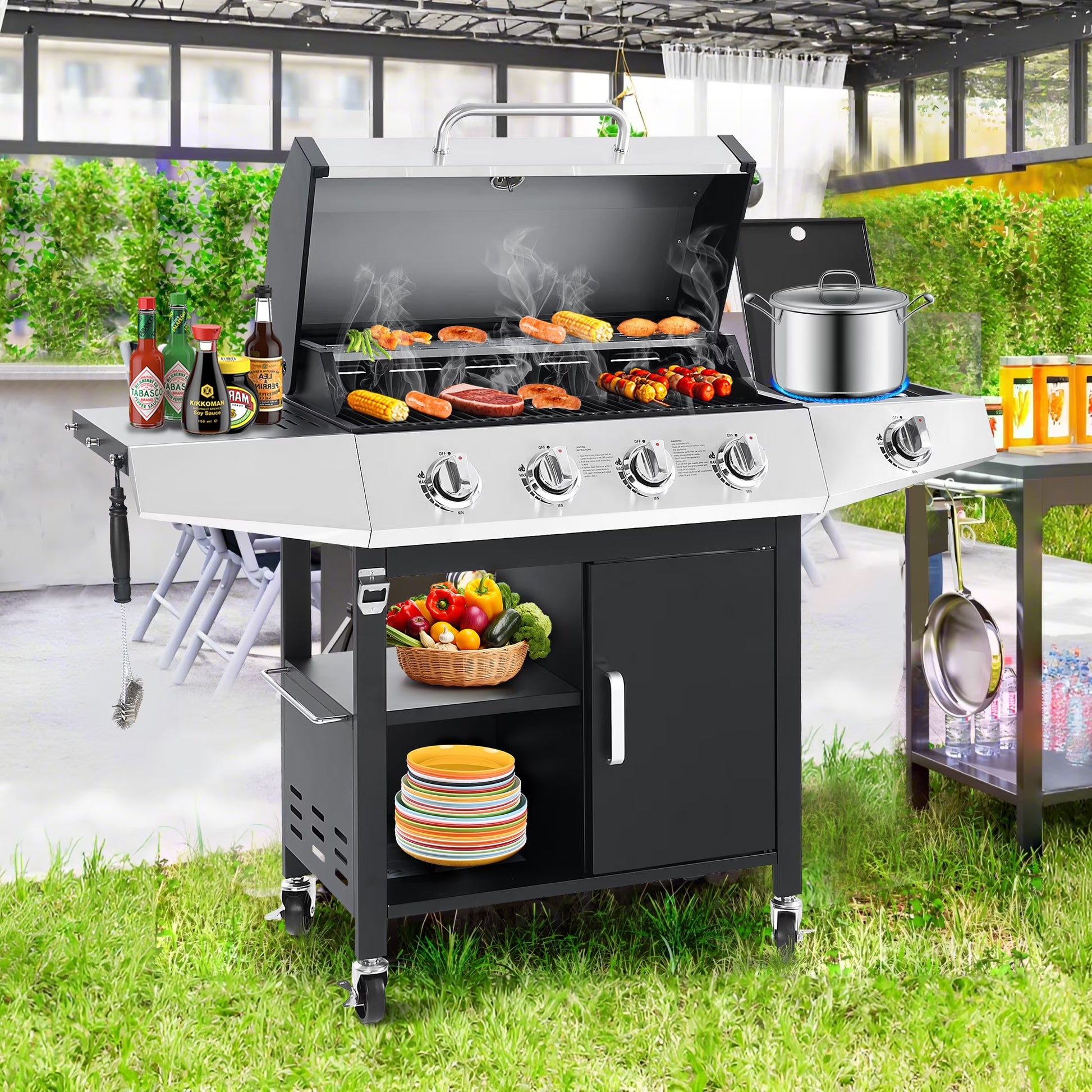 4-Burner BBQ Grill W/Side Burner, 50,000BTU Gas Propane Grill Portable with Storage Cabinet, Heavy-Duty Stainless Steel Outdoor Cooking, with Tank Hook, Towel Rack, Steel Brush(4-Burner w/Side Burner)