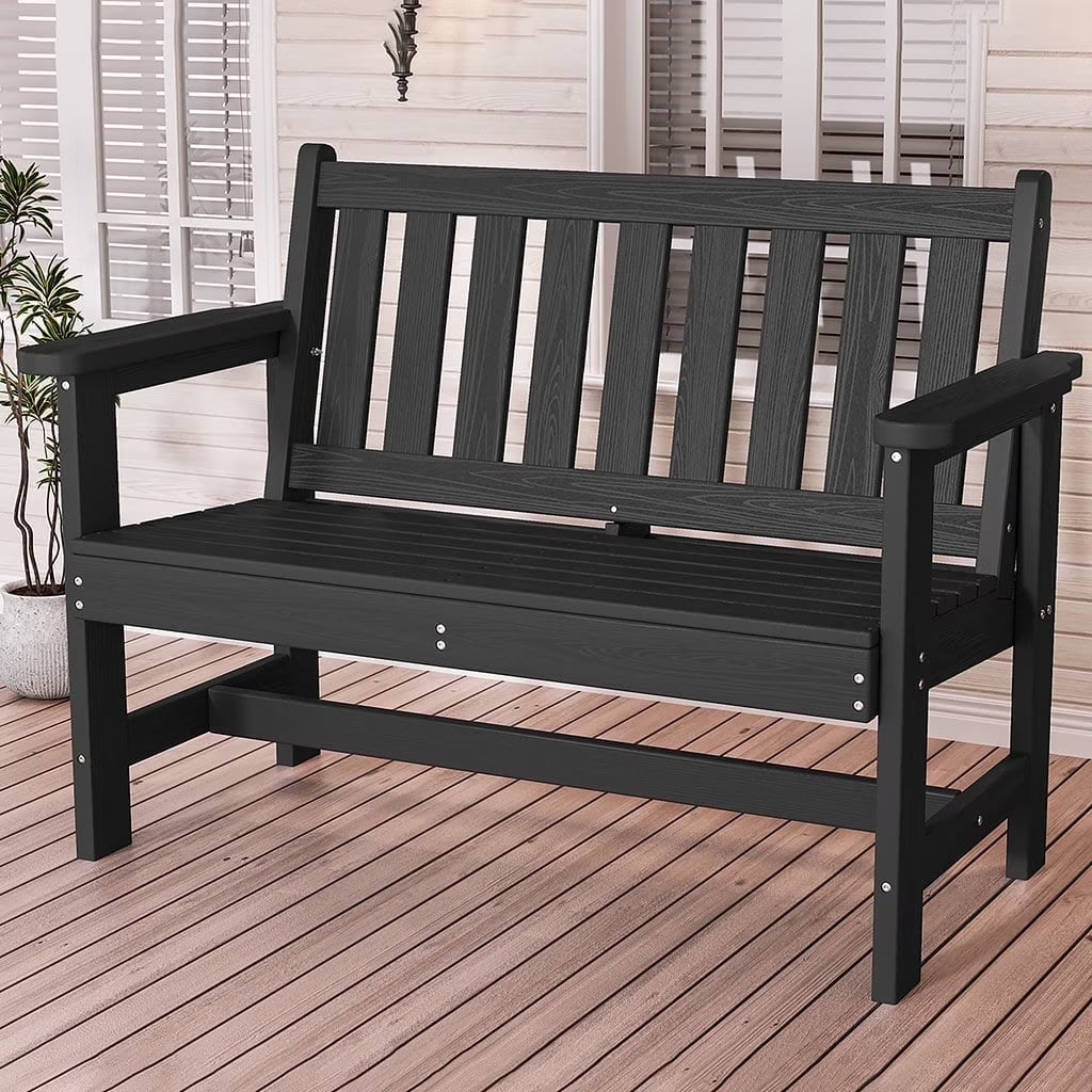 SERWALL Outdoor Bench for 2-Person, Weather-Resistant HDPE with Aluminum Reinforcement, Supports 660 lbs, Comfortable Seating for Patio, Garden, and Porch, Black(Black/Single)