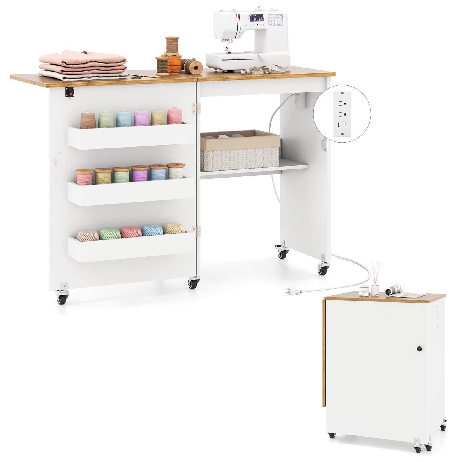 Costway Folding Sewing Table Rolling Craft Station with 3 Storage Bins  Charging Station White+natural(White+Natural)