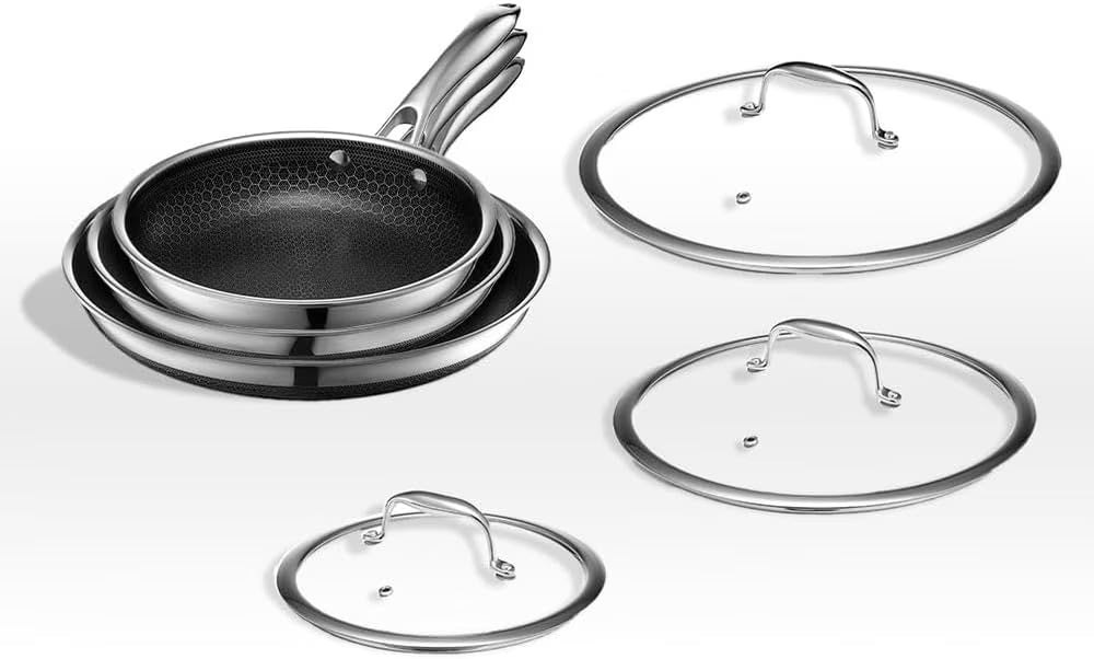 HexClad 6 Piece Hybrid Stainless Steel Cookware Pan Set 8", 10", 12" with Glass Lids(Silver)