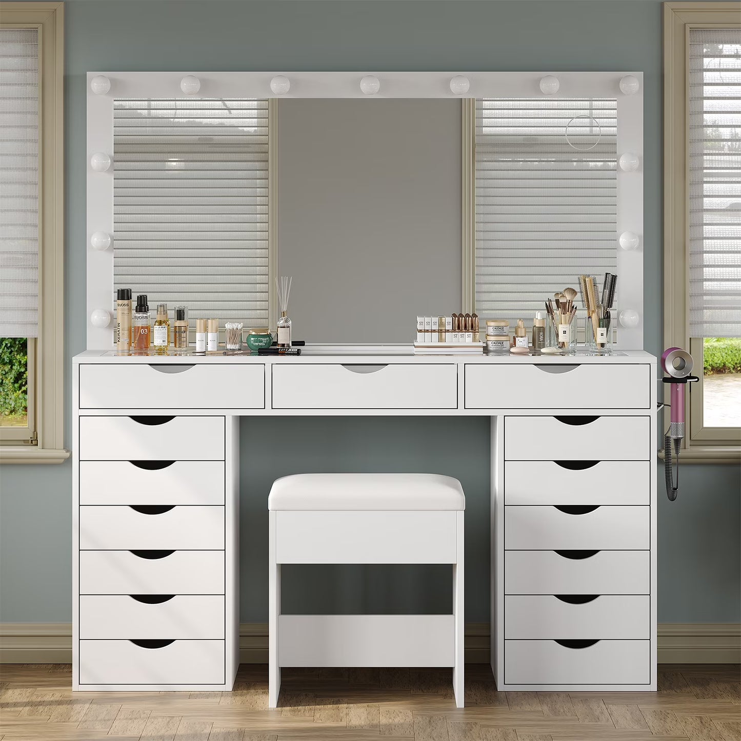 Yanosaku 15 Drawers Vanity Desk with Power Outlet, Makeup Table with Mirror and 13 LED Lights, 3 Color Lighting Modes, Brightness Adjustable, Glass Top Dressing Table, Vanity Set for Bedroom(White)
