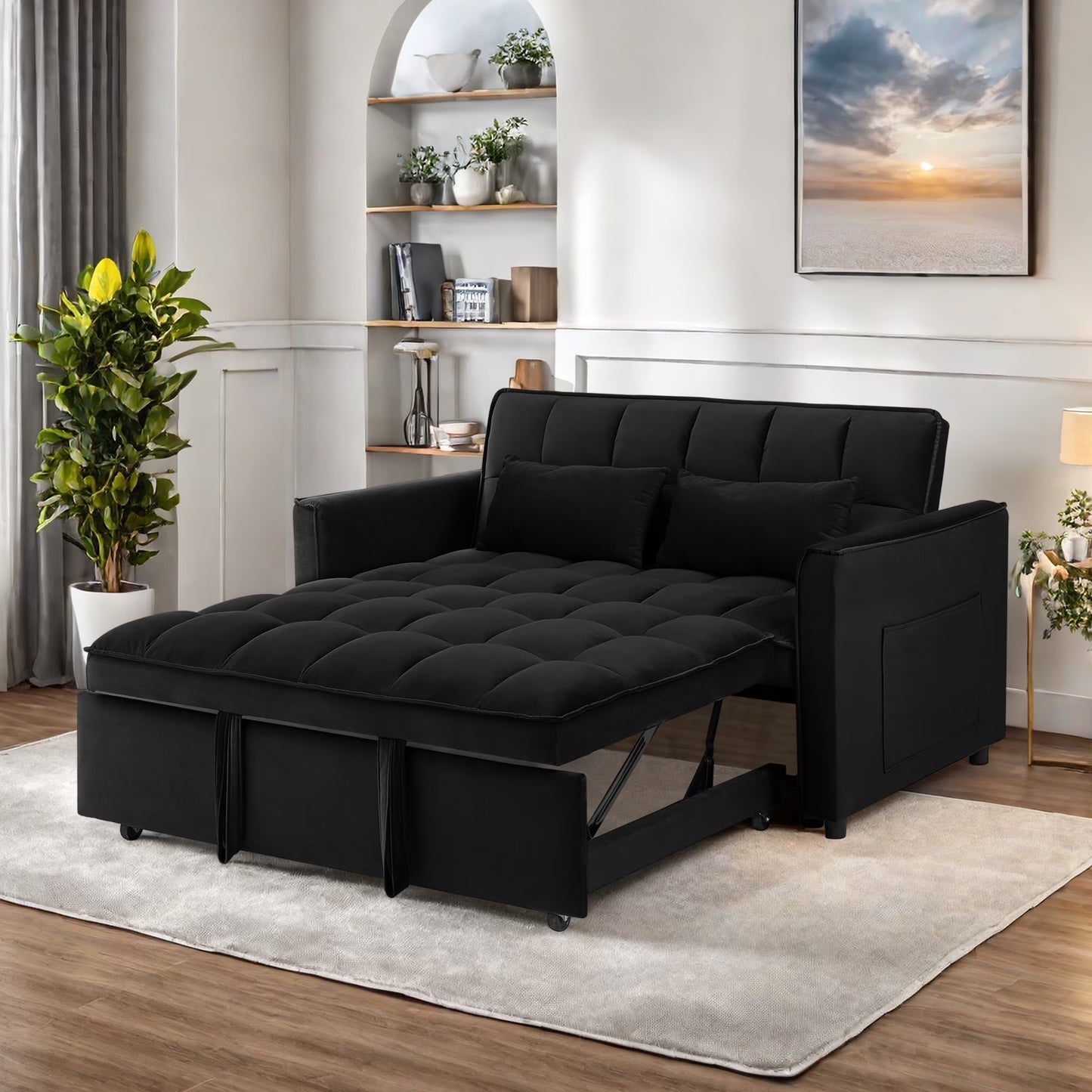 Convertible Sofa Bed,3-in-1 Sleeper Sofa with Pull Out Bed,Sleeper Futon Couch Loveseat with Adjsutable Backrest and Pillows for Living Room,Black(Black02)