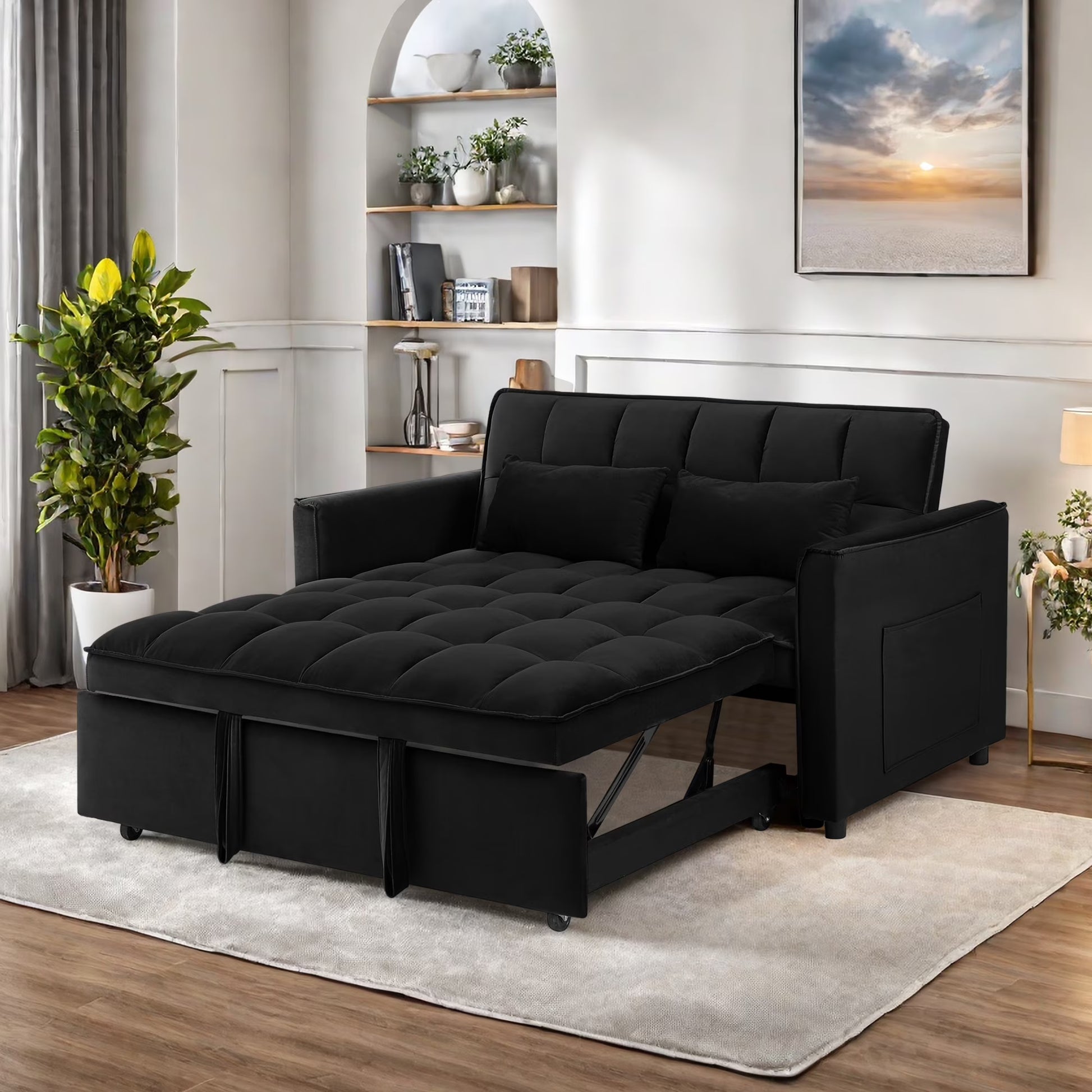 Convertible Sofa Bed,3-in-1 Sleeper Sofa with Pull Out Bed,Sleeper Futon Couch Loveseat with Adjsutable Backrest and Pillows for Living Room,Black(Black02)
