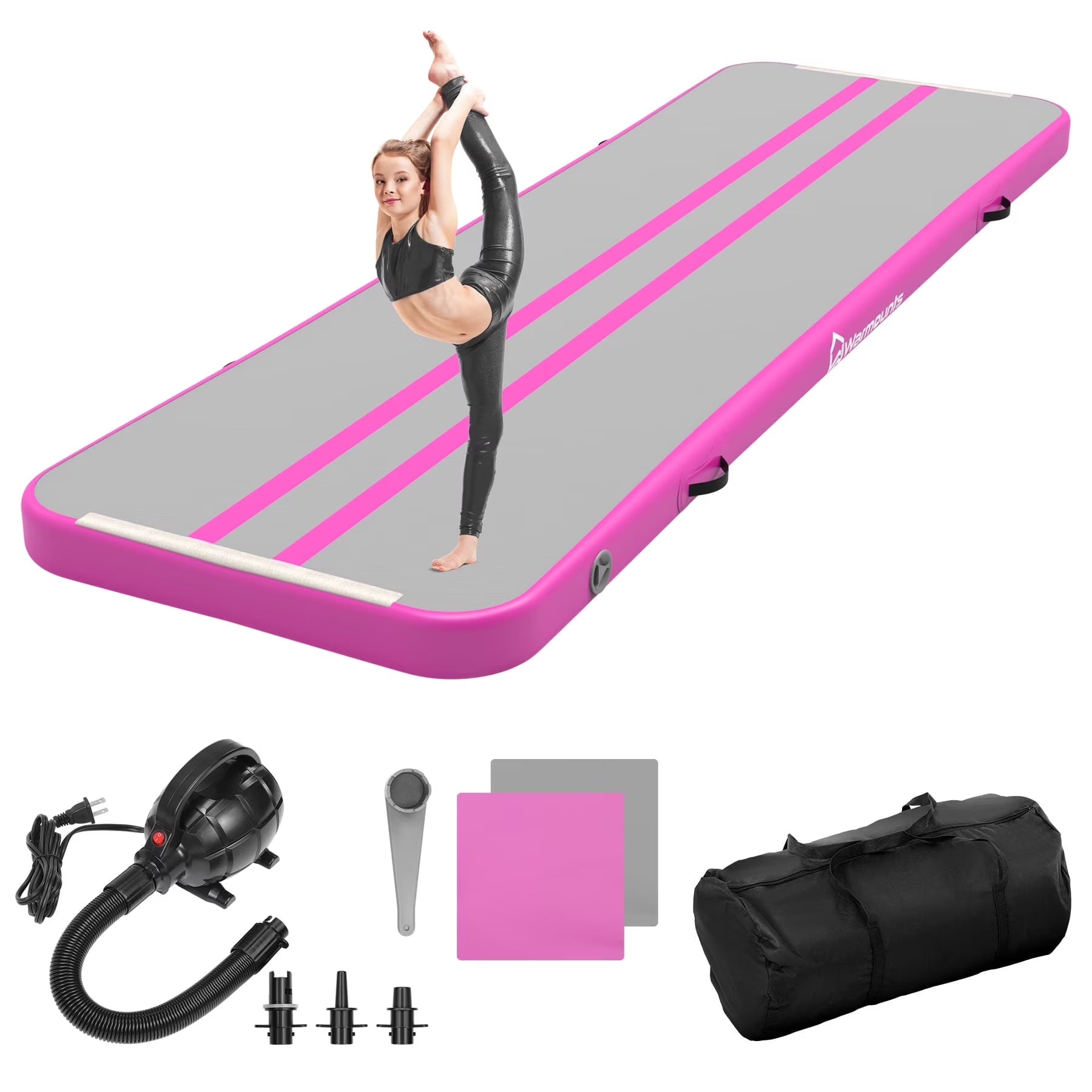 WARMOUNTS Tumbling Mat, 10 ft Inflatable Air Gymnastics Training Mats w/ Electric Pump, 4'' Thick Tumble Track for Home, Gym, Cheerleading, Water, Outdoor(PVC 10FT/Pink)