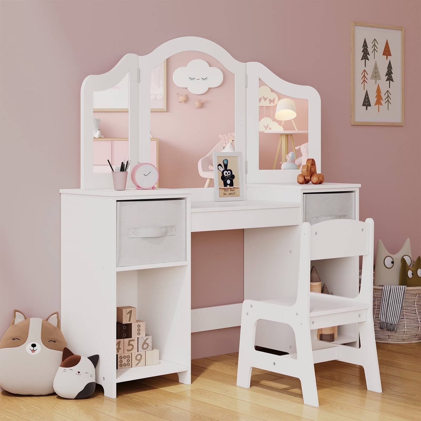 Arlopu Kids Vanity Set with Stool, Wooden Makeup Vanity Desk Children Dressing Table with Chair, Tri-Folding Mirror, Storage Cabinet  Drawers(White)