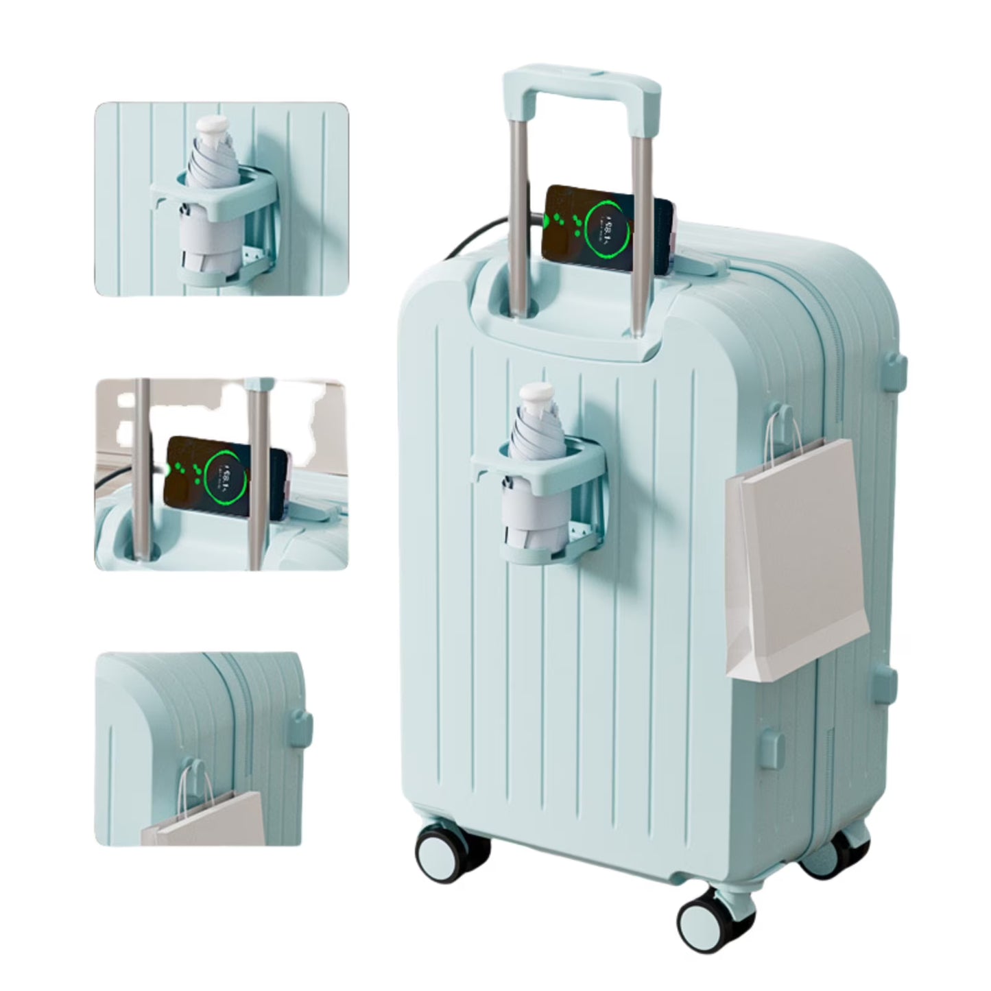 20" Expandable Luggage with Spinner Wheels+UBS+Cup Holder+Side Hooks ,ABS+PC,Multifunctional Suitcases with Wheels(BLUE)(Blue/20inch)