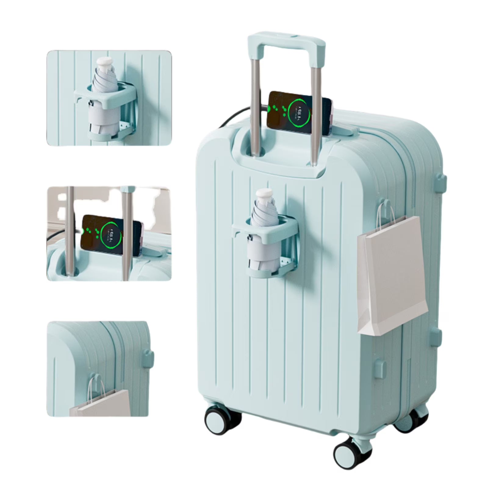 20" Expandable Luggage with Spinner Wheels+UBS+Cup Holder+Side Hooks ,ABS+PC,Multifunctional Suitcases with Wheels(BLUE)(Blue/20inch)