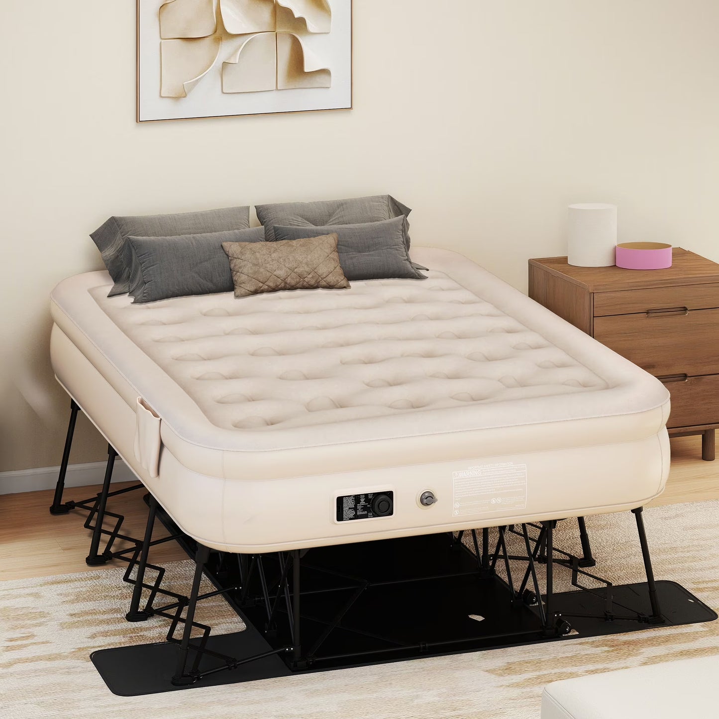 Dextrus Inflatable Queen Air Mattress with Built-in Pump, Frame, Velvet Surface  Portable Storage Case, Khaki(Queen/Khaki)