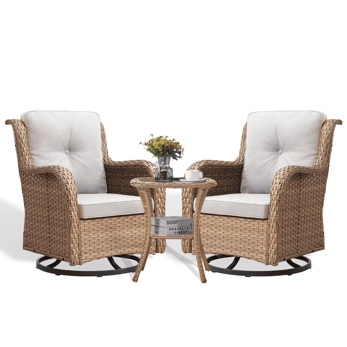 POCASSY 3 Piece Patio Set Outdoor Wicker Glider Rocking and Swivel Chairs with Cushions(Yellow/Beige)