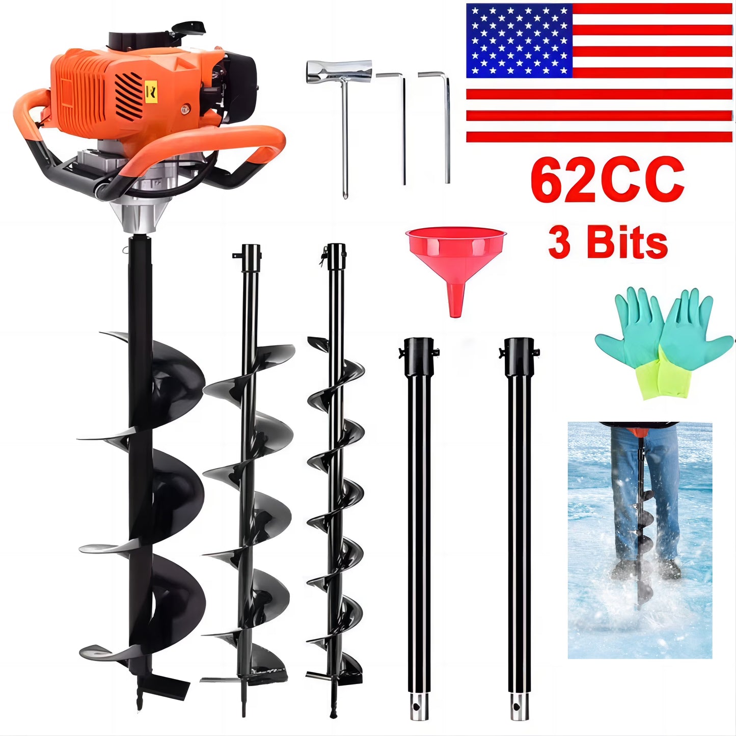 Jacgood 62cc Post Hole Digger 2 Stroke Petrol Gas Powered Earth Digger with 3 Auger Drill Bits (3" 5"  8") + 3 Extension Rods for Farm Garden Plant(62CC)