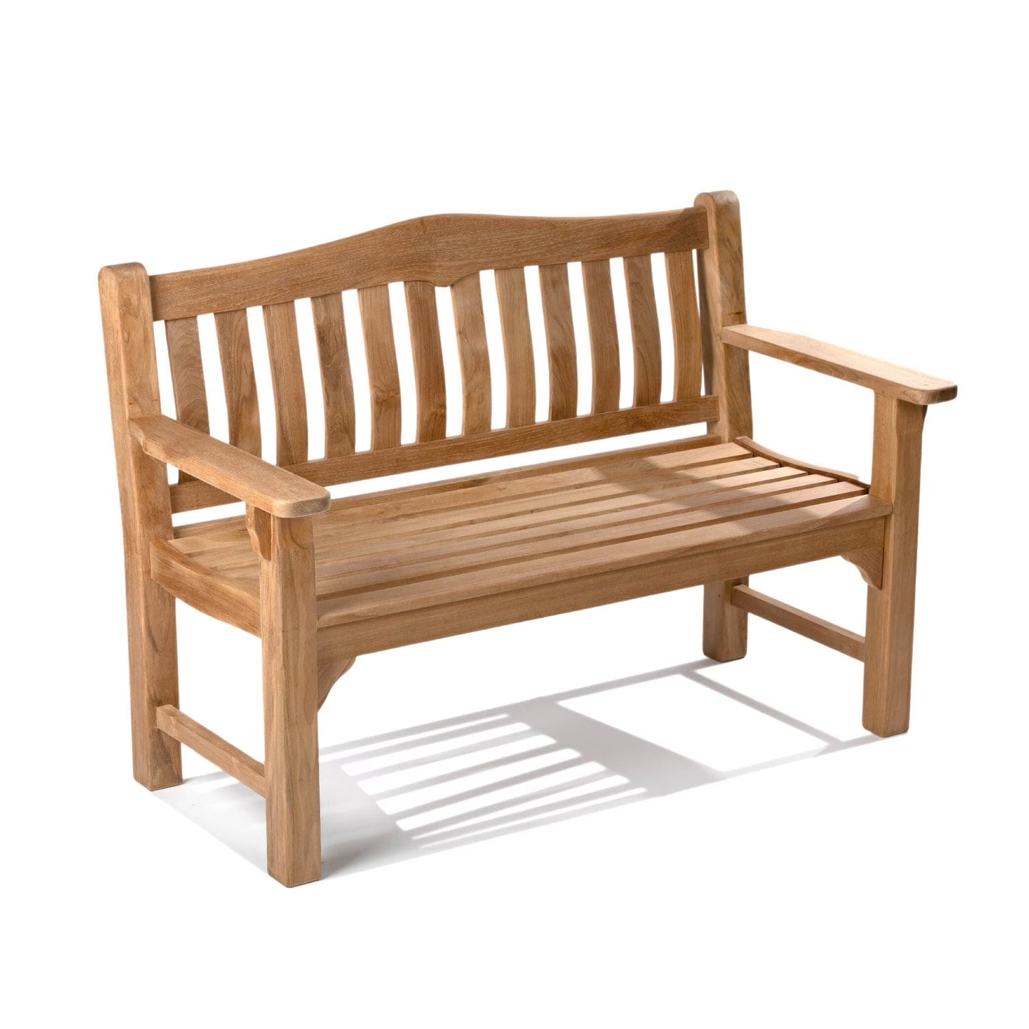 Ash  Ember Hawthorne Grade A Teak 53" Bench, Seats 2 People Comfortably, Weather Resistant Indoor Outdoor Solid Wood Patio Furniture with Tightly Spaced Slats, Bowed Back, Armrests(54-in)