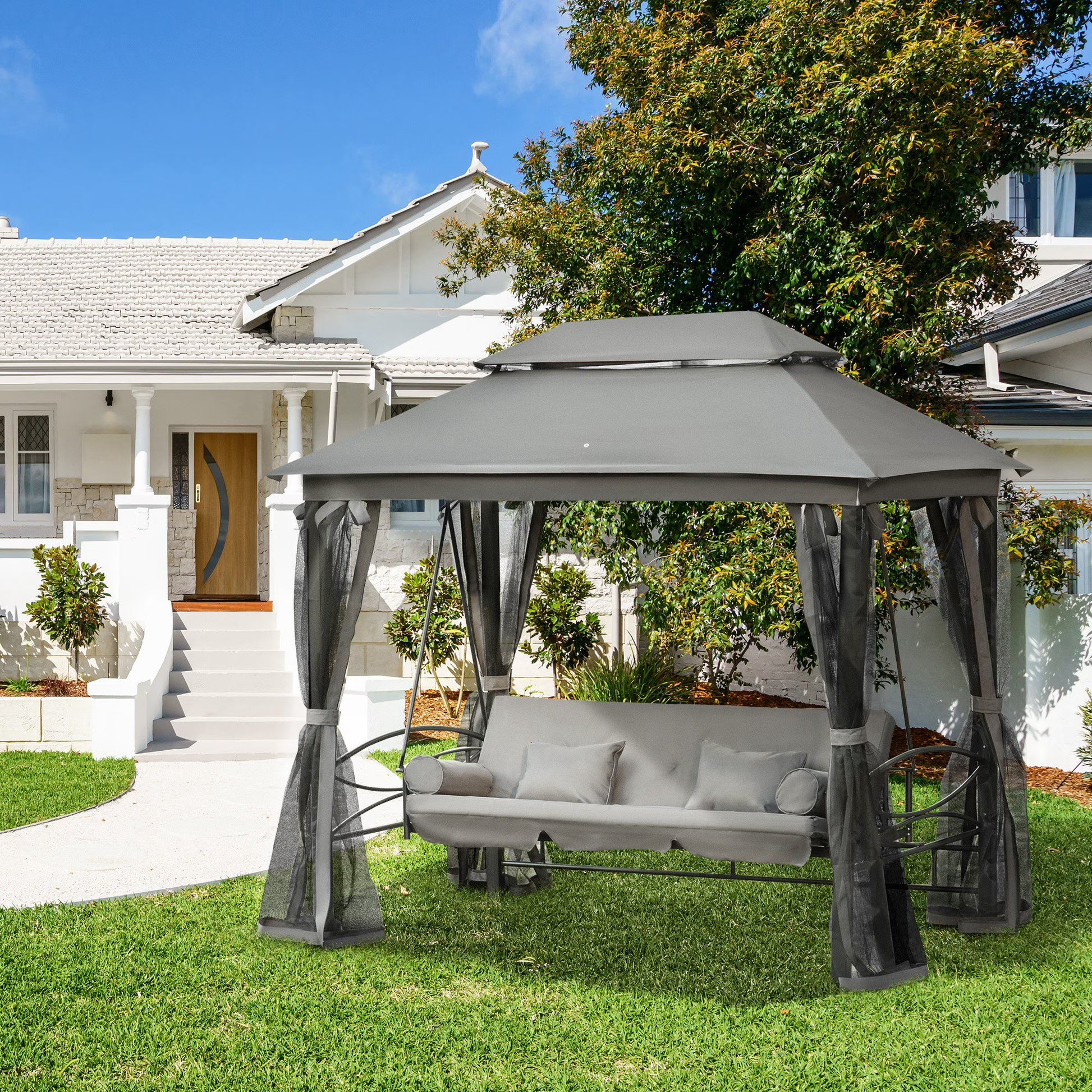 Outsunny 3 Person Patio Swing Chair, Gazebo Swing with Double Tier Canopy, Cushioned Seat, Mesh Sidewalls, gray(Gray)