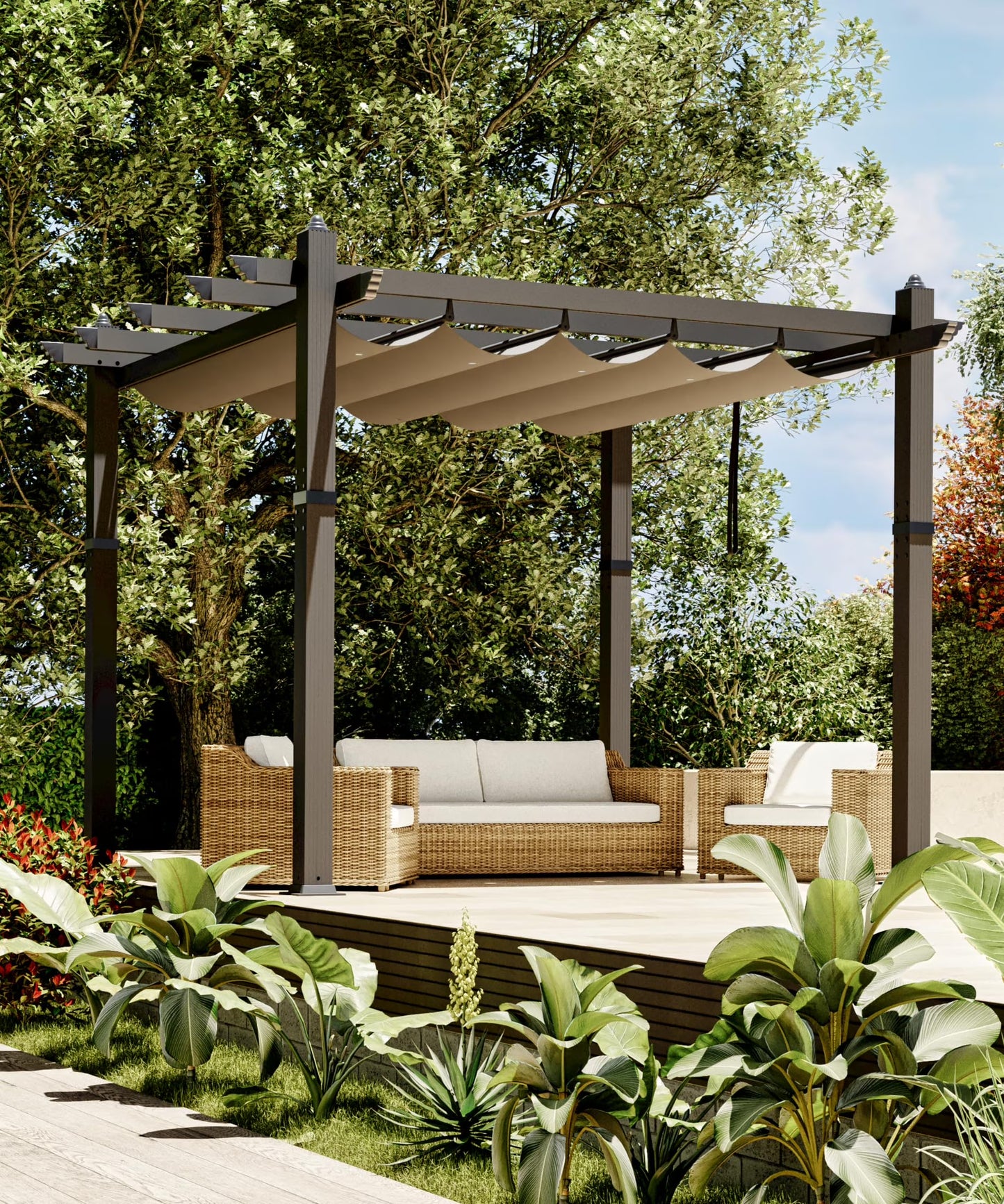 Huisuilinss Retractable Pergola,Aluminum Pergola,Outdoor Pergola,Metal Patio Pergola With Adjustable Canopy,Reinforced Frame Sun Shade Shelter For Backyard Porch Lawn Deck Garden(10*10FT/khaki+gray)