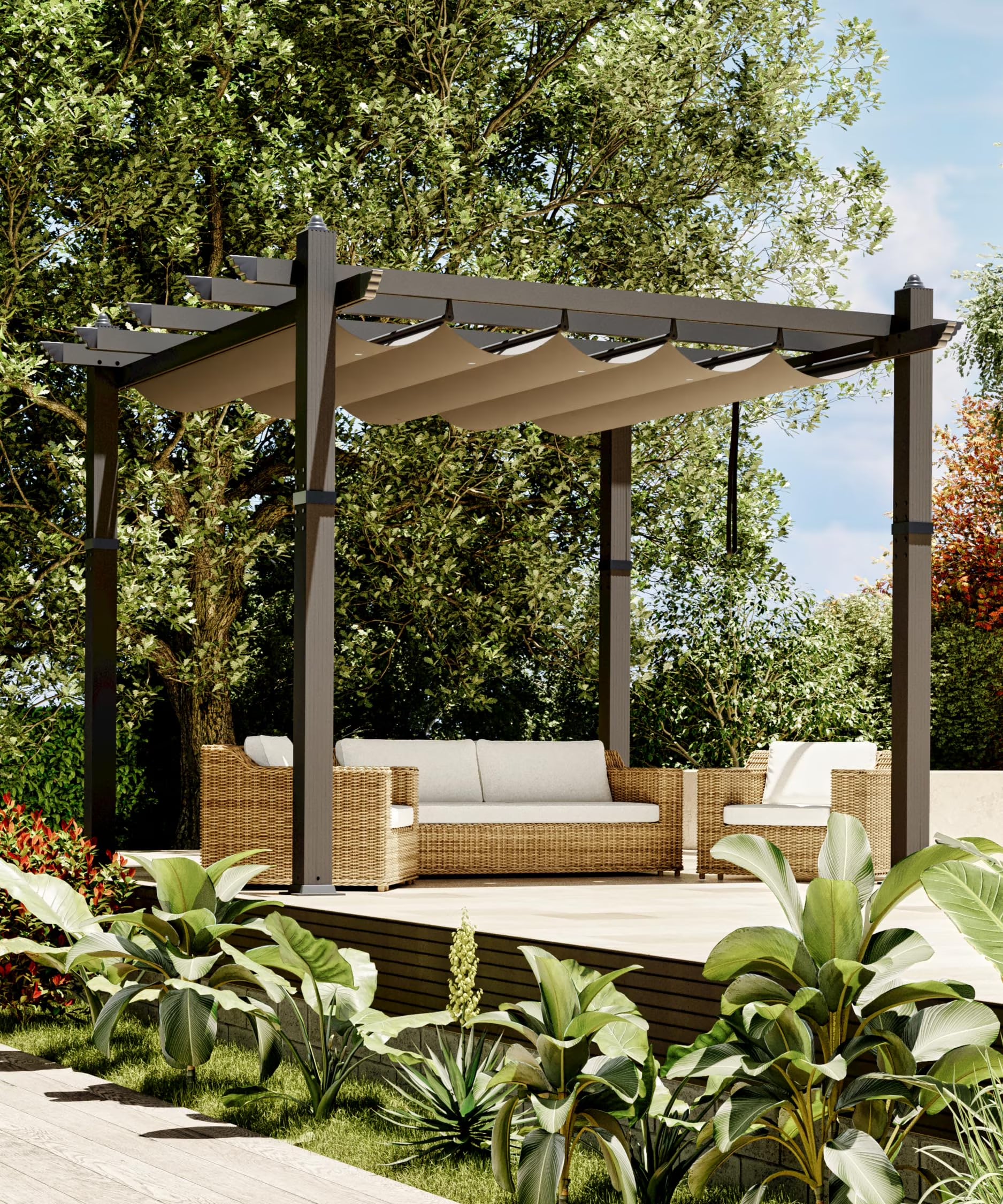 Huisuilinss Retractable Pergola,Aluminum Pergola,Outdoor Pergola,Metal Patio Pergola With Adjustable Canopy,Reinforced Frame Sun Shade Shelter For Backyard Porch Lawn Deck Garden(10*10FT/khaki+gray)
