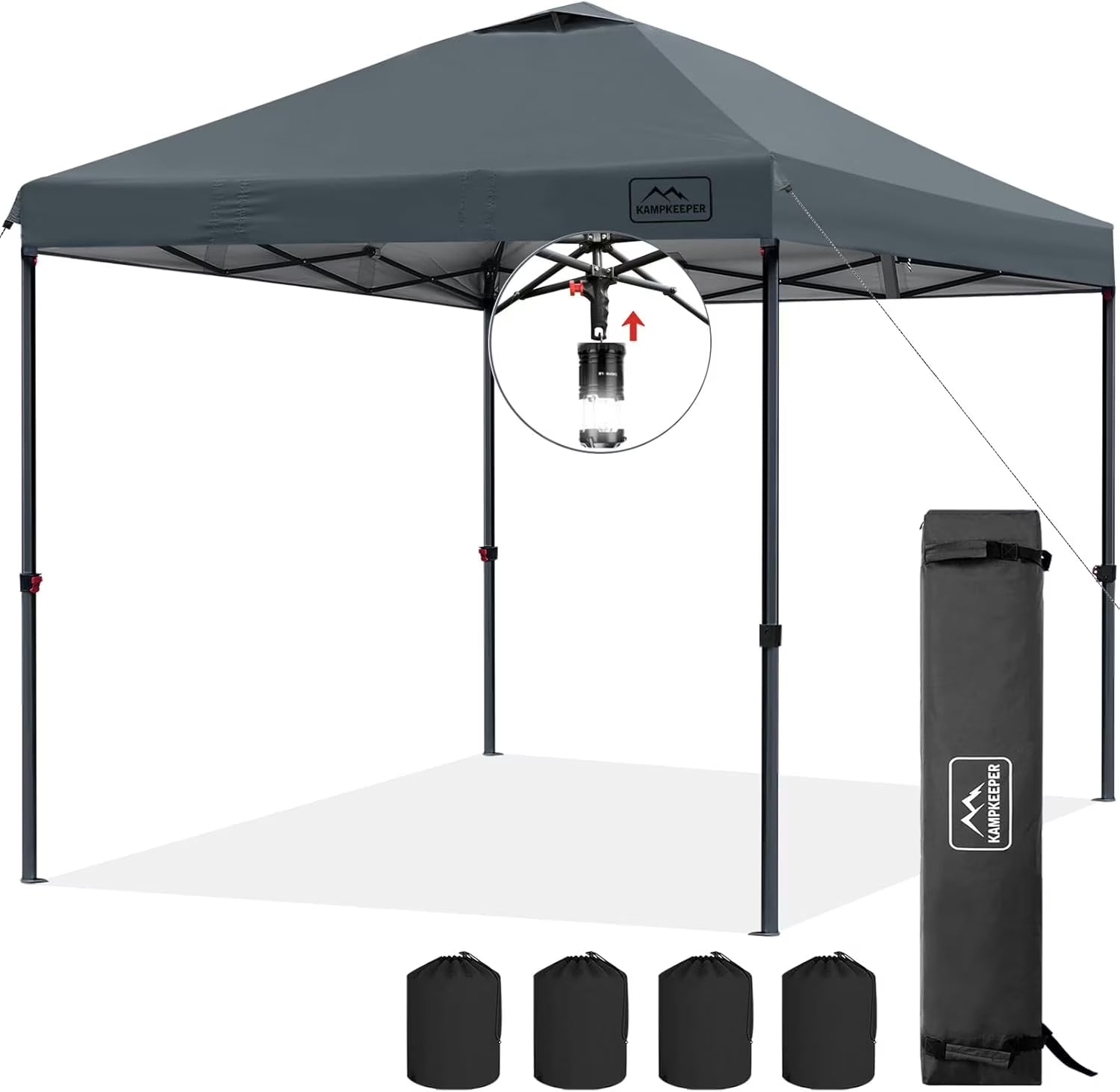 KAMPKEEPER One Person Setup 10x10 Pop up Canopy Tent, Instant Portable Canopy, One Push Outdoor Canopy with 3 Adjustable Heights, Wheeled Carry Bag, Bonus 8 Stakes and 4 Ropes(Dark Grey)(KK-9595GC-DG)