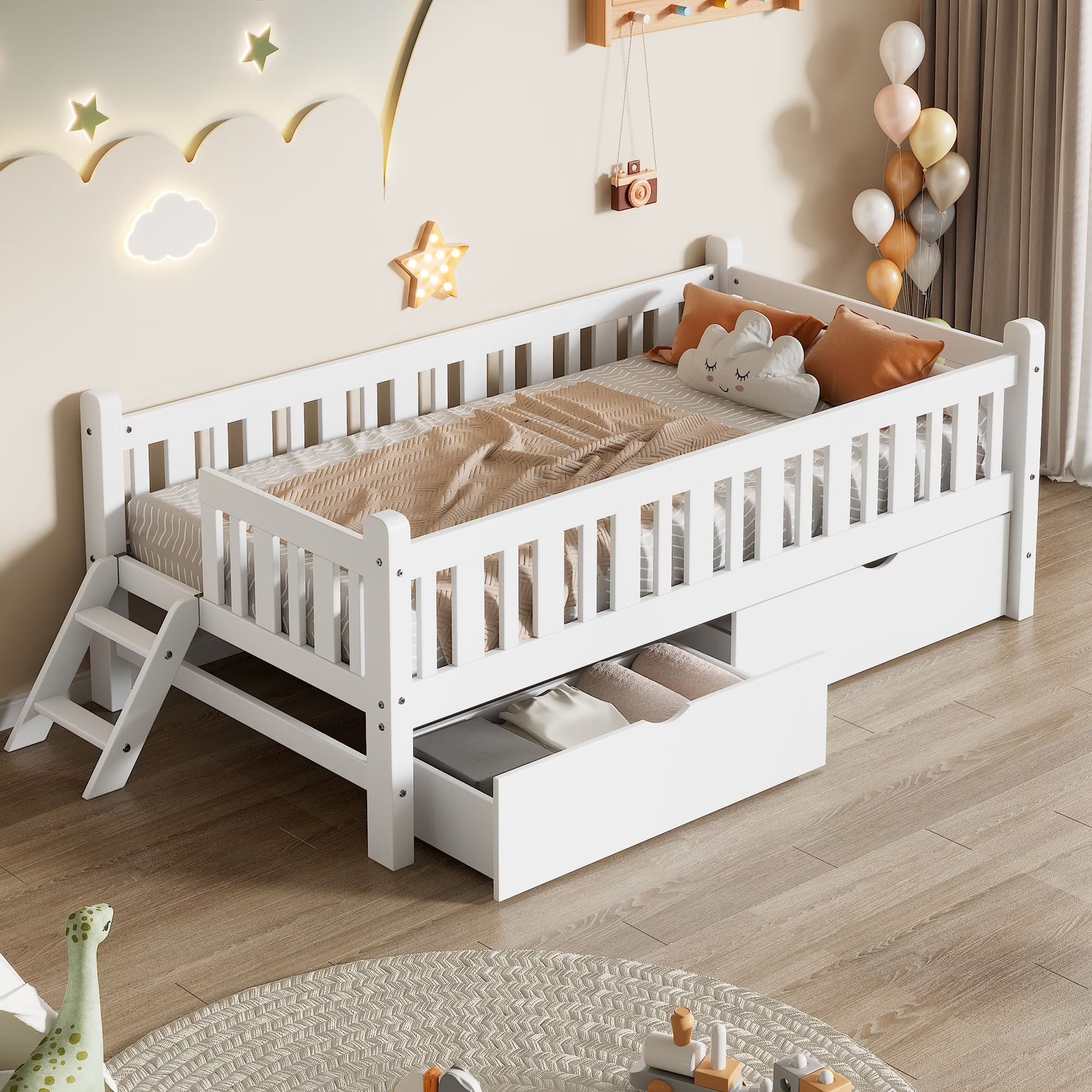 Euroco Wood Twin Size Platform Bed with 2 Drawers and Ladder for Kids and Toddlers, White(White)