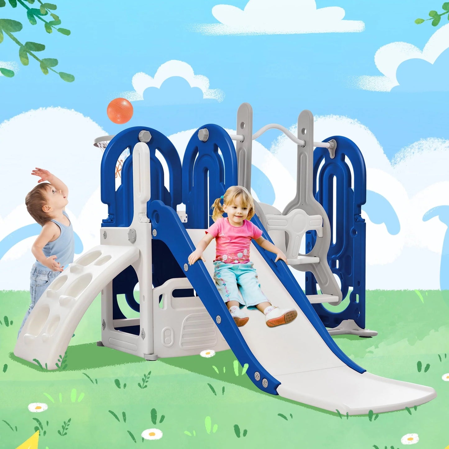 5 in 1 Toddler Swing and Slide Set with Climber, Kids Playground Climber Slide Playset with Safety Belt, Armrest, Basketball Hoop, High Adjustable Baby Swing Set for Indoor Outdoor Backyard, Blue