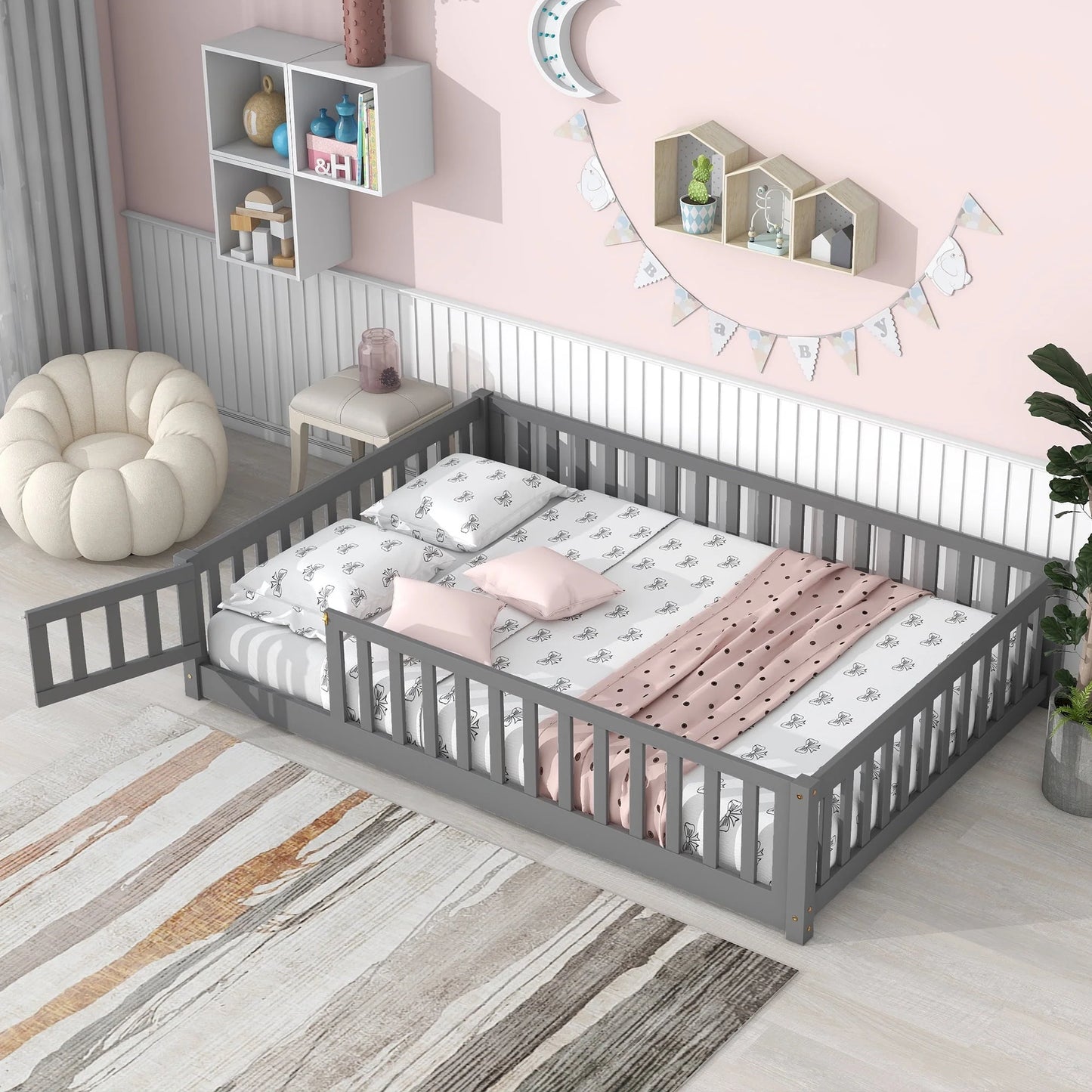 uhomepro Full Size Wood Floor Bed Frame with Fence and Door for Kids, Toddlers, Gray(Twin/Gray)