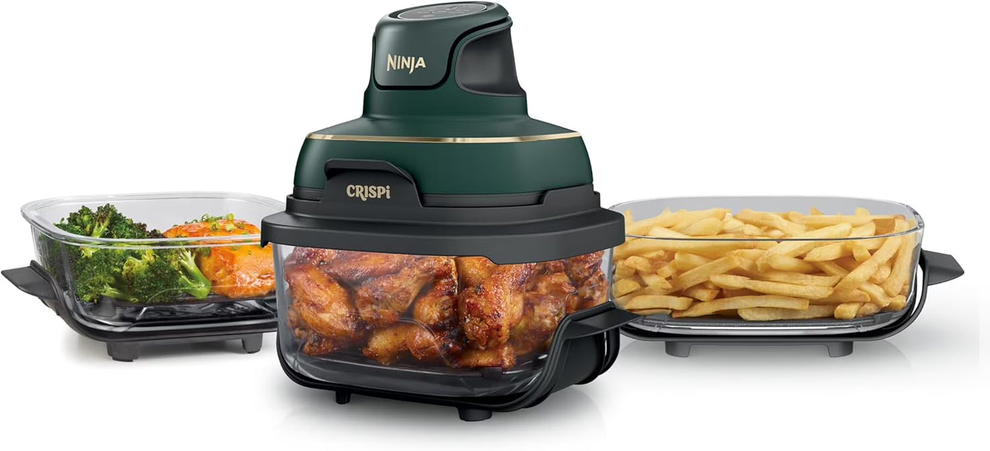 Ninja Crispi 5-in-1 Portable Glass Air Fryer Cooking System FN103BF, British Racing Green with Soft Gold Trim, 1500W, New
