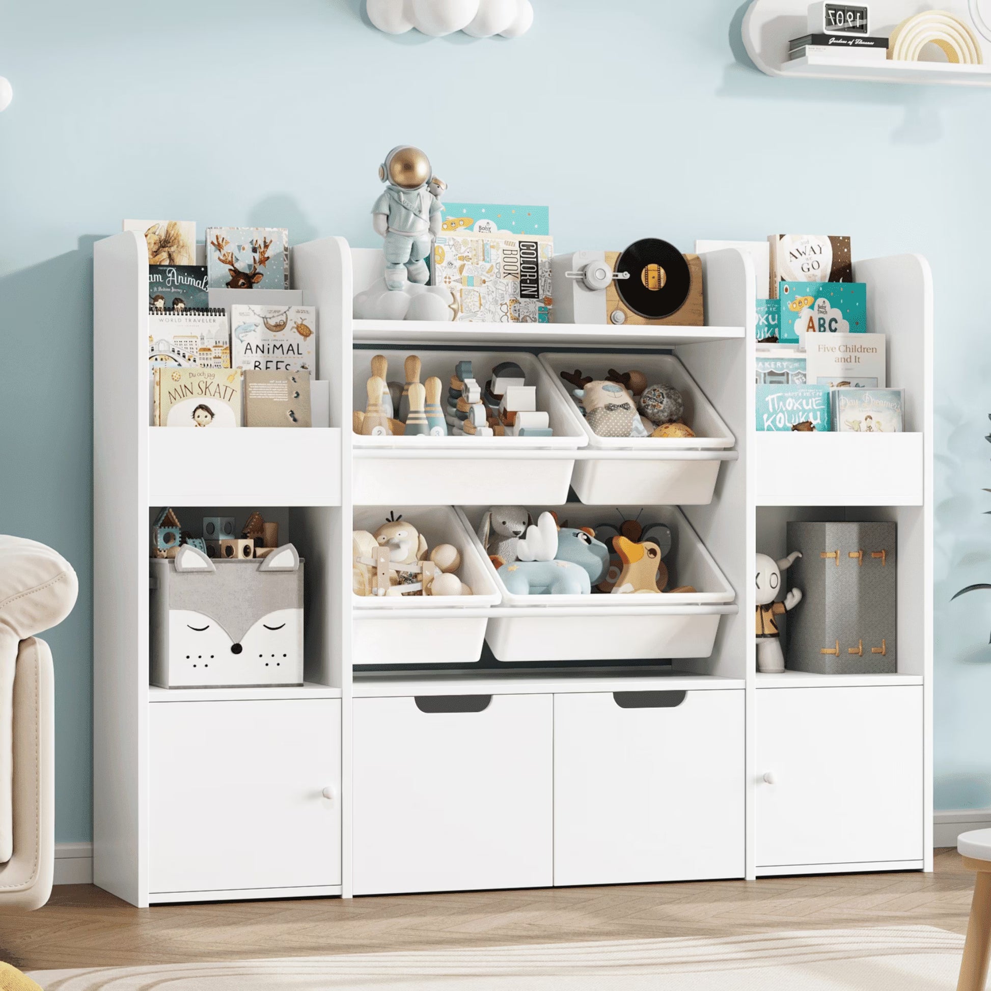 Hiphuta Kids Bookcase Toy Storage Organizer, Wooden Toy Organizer of 4 Bins 2 Removable Drawers for Home Bedroom, Kids Bookshelf Toy Box with Book Rack, White(White)