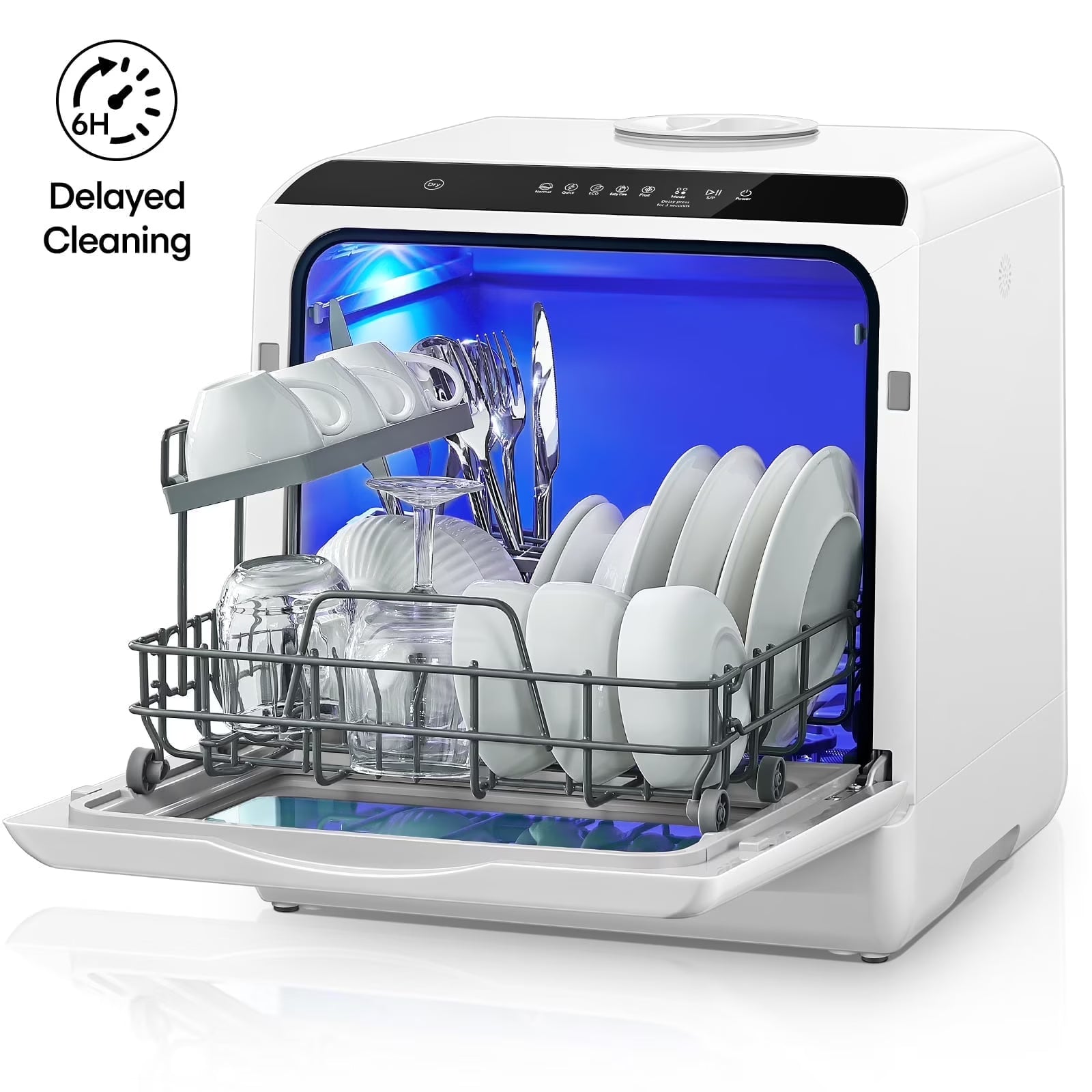 FOHERE Countertop Dishwasher with 6H Delay Cleaning, Portable Dishwasher w/5L Built-in Water Tank, 6 Programs, 360��Dual Spray, High-Temp(White)