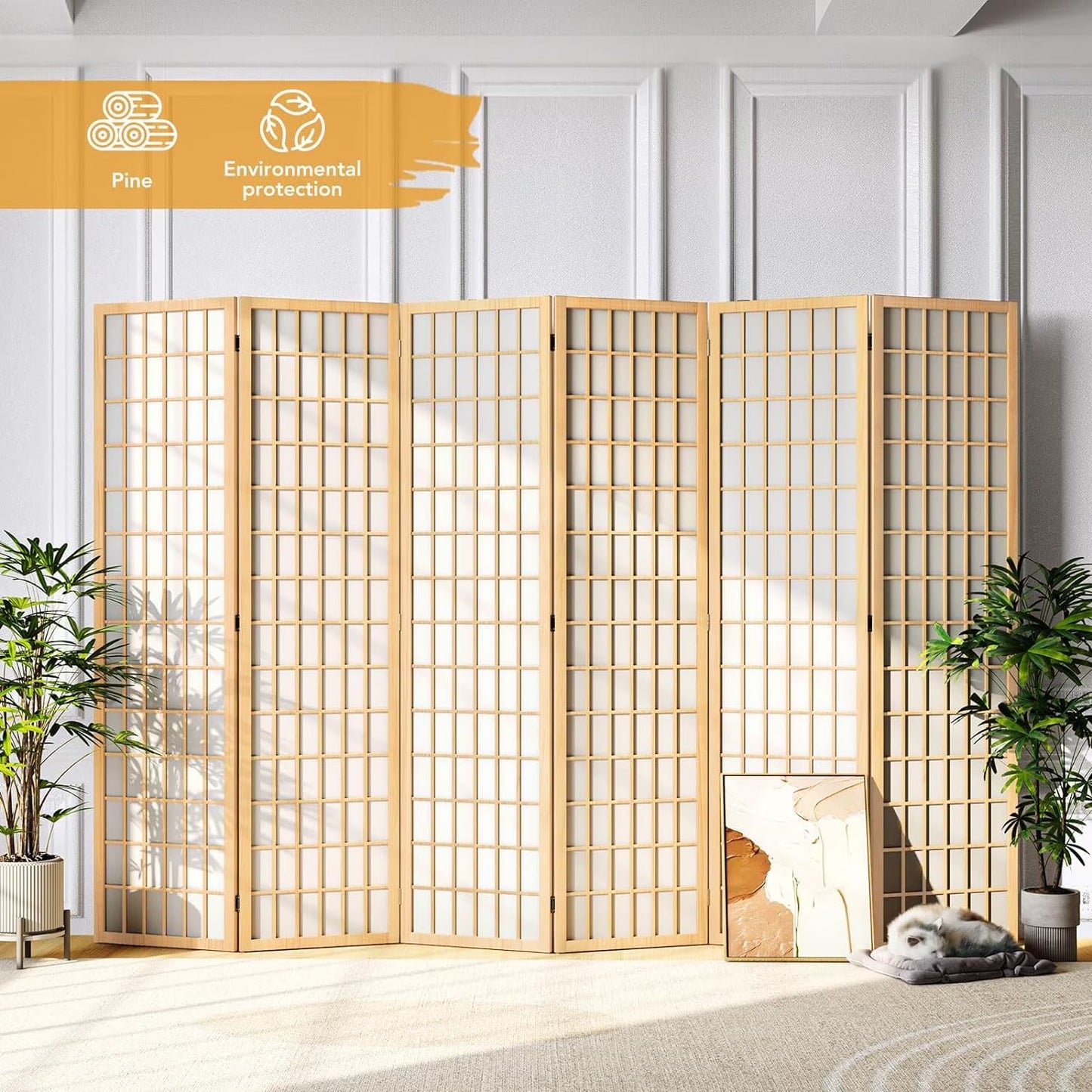JOSTYLE Room Divider Wall Shoji Screen, 6 Panel Folding Privacy Screen for Room Separation, Japanese Wood Room Divider Screen, 5.9 Ft, Natural(6 Panels/Nature)